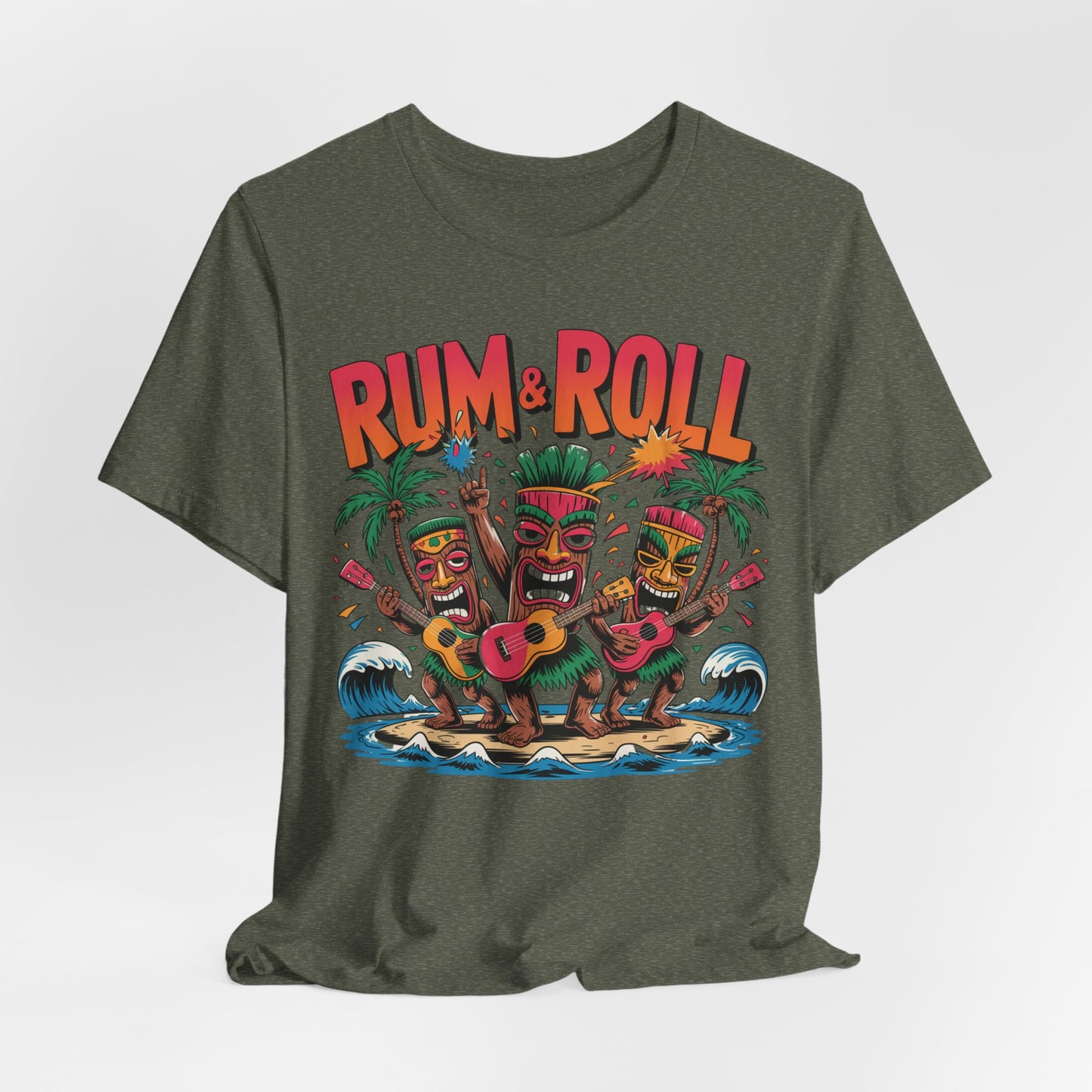 The Rum & Roll Tropical Vibe Unisex Tiki T-Shirt features three cartoon tikis playing guitars on a beach with palm trees and waves, topped with bold red “RUM & ROLL” text for a vibrant tropical look.