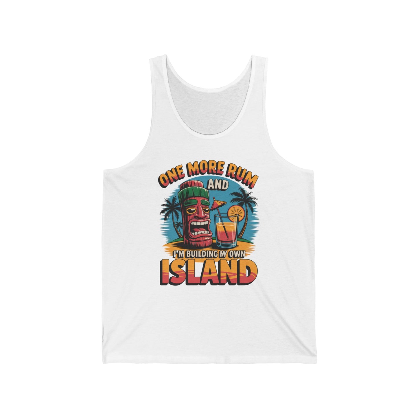 The Tropical Building My Own Island Tank Top is a white unisex jersey featuring a colorful tiki face, drink with orange slice, palm trees, and the text “One more rum and I’m building my own island.” Lightweight for all-day comfort. Perfect for summer!.