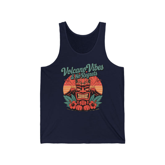 The Volcano Vibes Unisex Jersey Tiki Tank Top features a vibrant Tiki mask graphic with tropical flowers and a sunset, plus “Volcano Vibes & No Regrets” in playful retro font—perfect for a fun tropical summer style.
