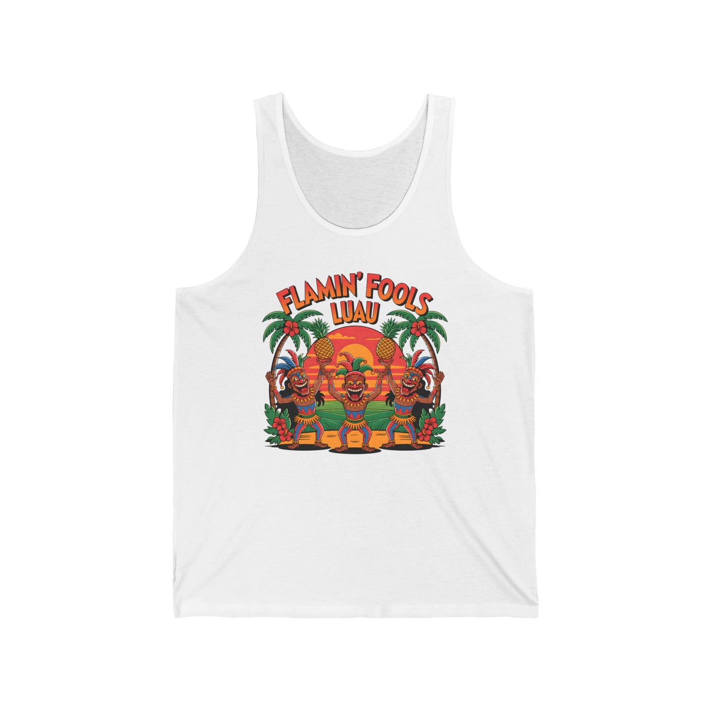 The Flamin Fools Luau Unisex Jersey Tiki Tank Top features three dancing tikis, palm trees, and a sunset with Flamin Fools Luau—a vibrant choice for summer parties, beach trips, or adding fun to your wardrobe.