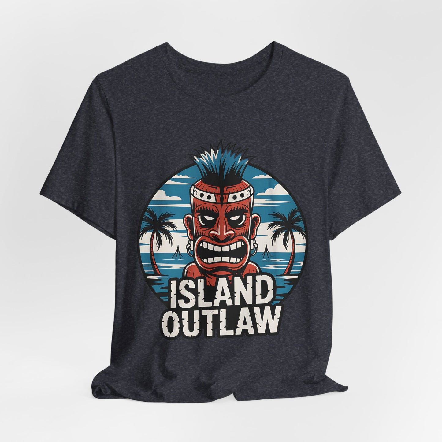 The Island Outlaw Tiki T-Shirt – Unisex Jersey Tee for Tropical Vibes features a wild tiki mask with blue hair on black, set amid palms and ocean waves. Bold ISLAND OUTLAW text makes it perfect for your next island getaway.