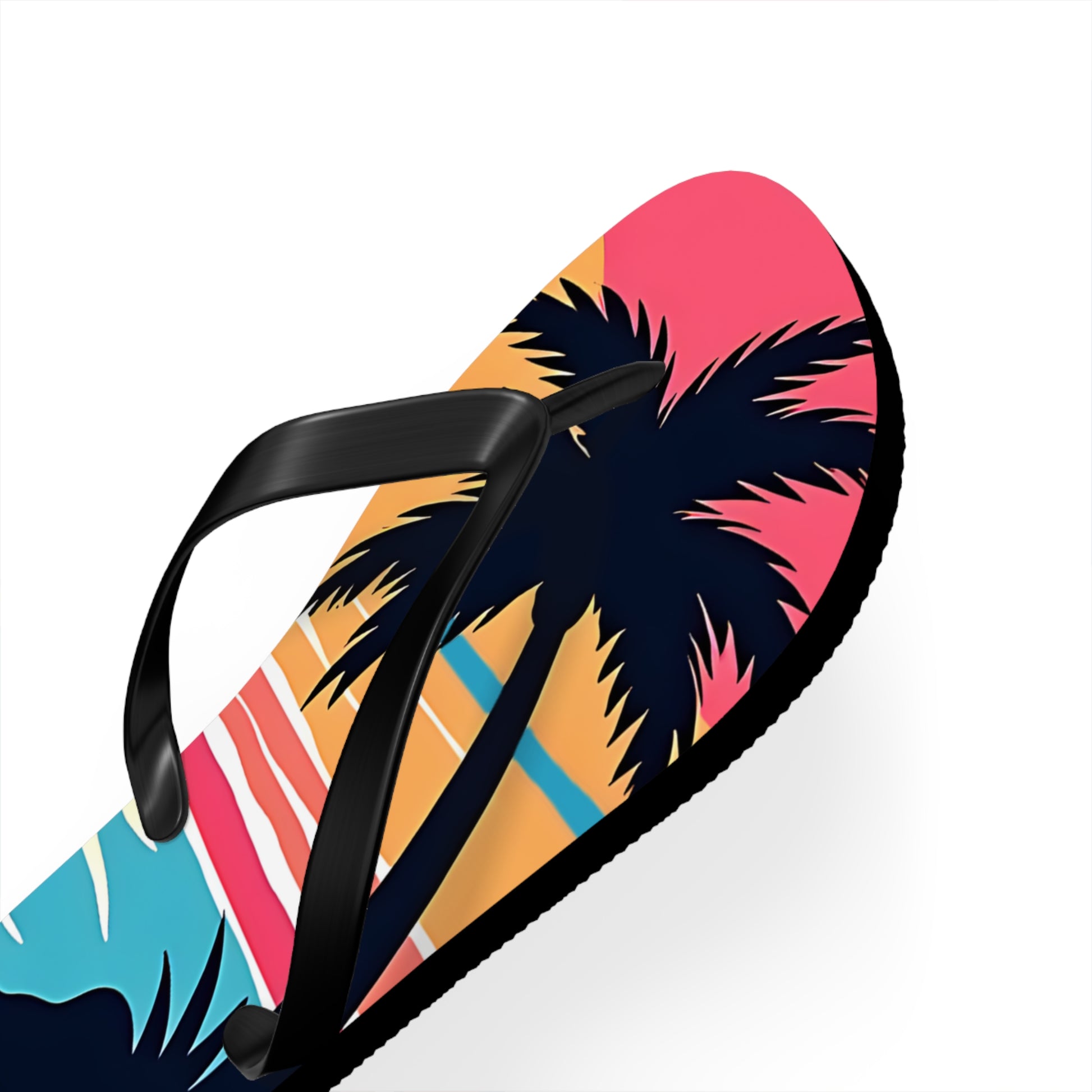 The Tropical Sunset Flip Flops | Beach Vibes Sandals showcase a vibrant tropical design with palm tree silhouettes, sunset hues of pink, orange, and blue, plus black straps—ideal for beach lovers and summer outfits.