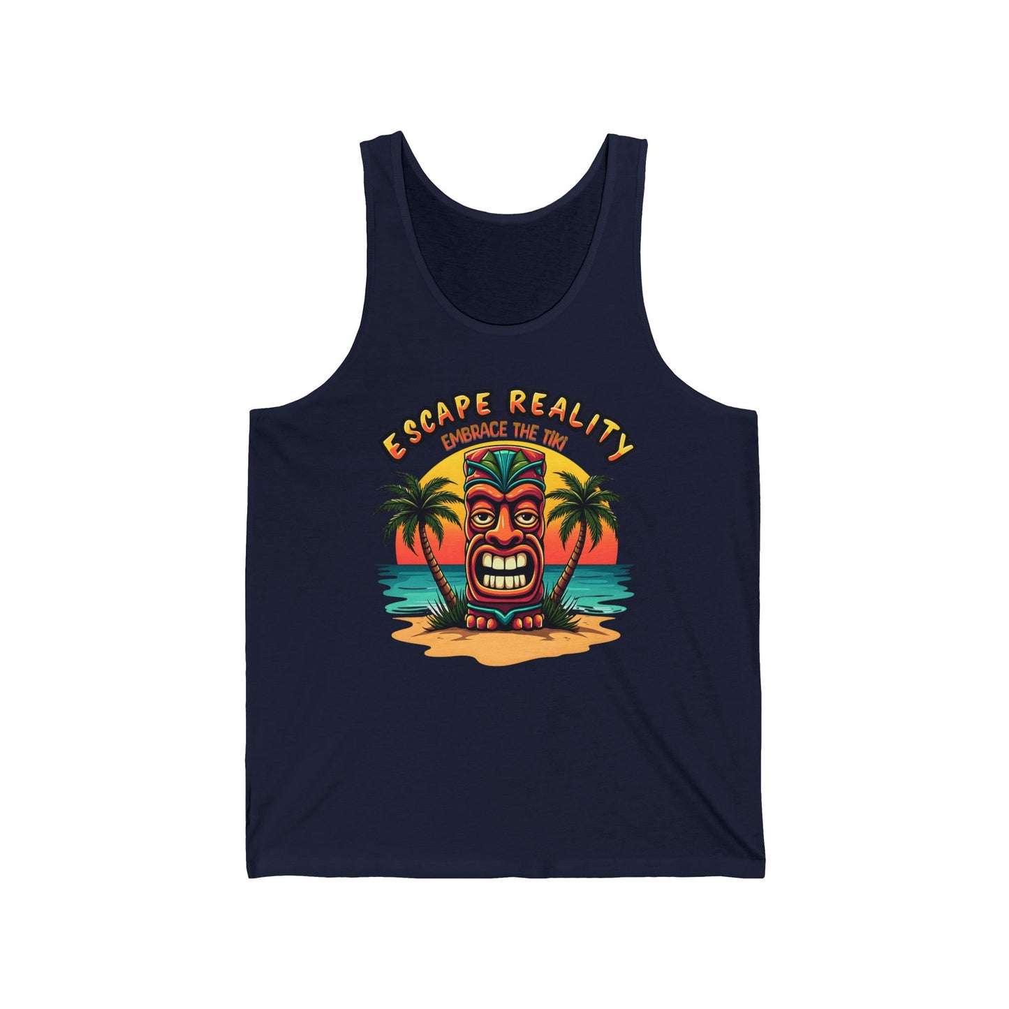 The Escape Reality Unisex Jersey Tiki Tank Top features a vibrant tiki face, palm trees, and ocean waves in navy blue. ESCAPE REALITY tops the design, with EMBRACE THE TIKI below—perfect for a tropical beach vibe.