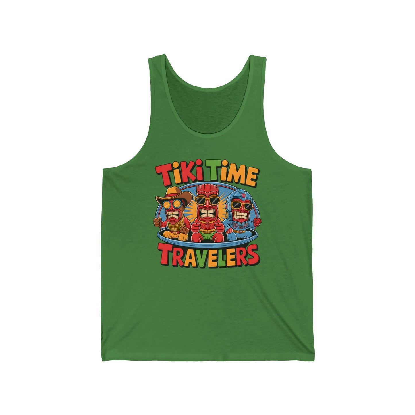 The Tiki Time Travelers Unisex Jersey Tiki Tank Top is a fun summer vacation top featuring a colorful graphic of three tiki masks with sunglasses and bold Tiki Time Travelers text above and below the design.