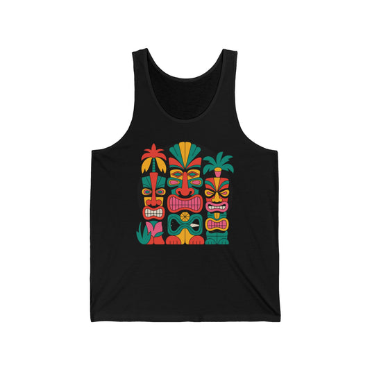 The Tiki Faces Unisex Jersey Tiki Tank Top features vibrant tiki mask graphics and palm trees—ideal for summer vibes, beachwear, or as a fun, stylish gift.