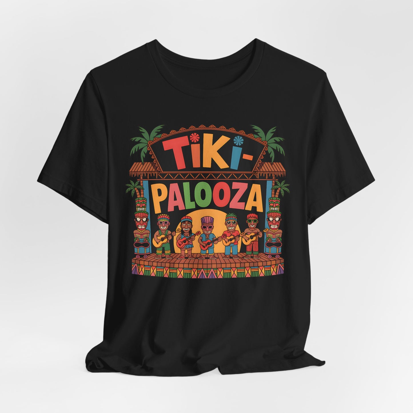 The Tiki Palooza Unisex Jersey Tiki T-Shirt features a festive floral graphic with palm trees and five cartoon characters in tiki outfits playing instruments—ideal for summer events or casual wear.