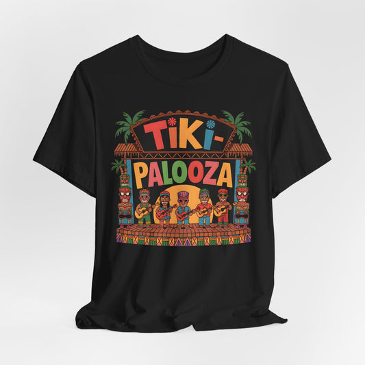 The Tiki Palooza Unisex Jersey Tiki T-Shirt features a festive floral graphic with palm trees and five cartoon characters in tiki outfits playing instruments—ideal for summer events or casual wear.