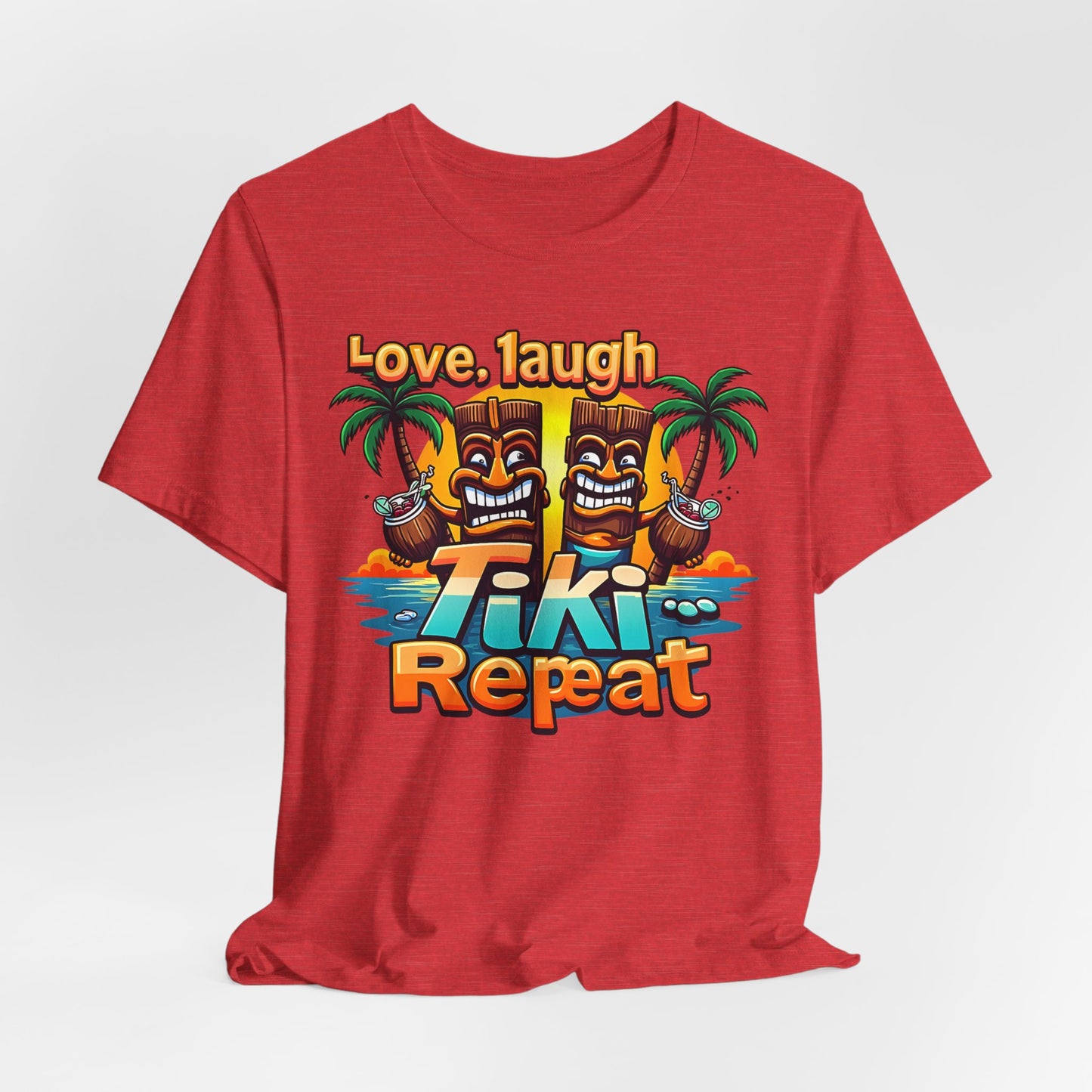 The Tiki Love Unisex Short Sleeve Tiki T-Shirt features a colorful print of smiling Tikis, palm trees, and ocean waves with the text Love. Laugh Tiki... Repeat. in bold, playful fonts for true tropical vibes.