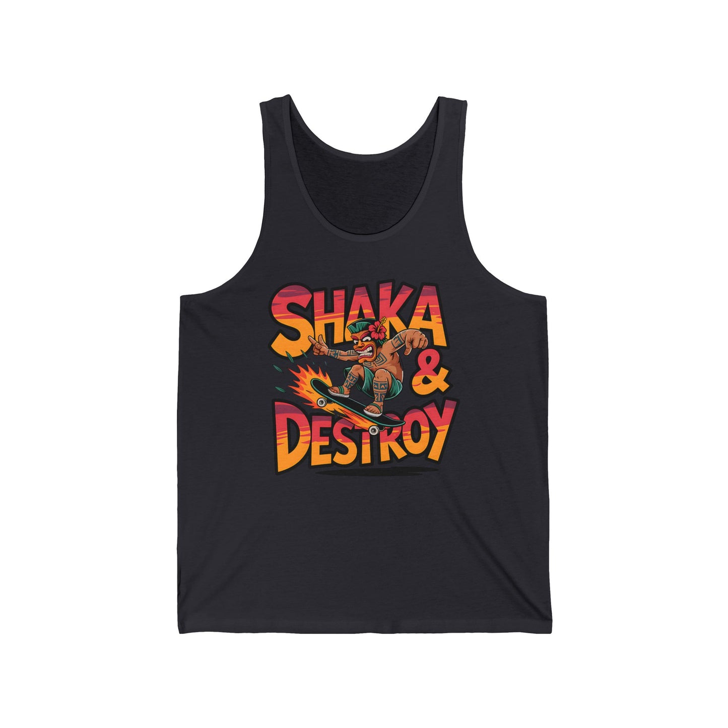 The Shaka & Destroy Unisex Jersey Tiki Tank Top is a graphic skateboard tee for summer vibes, featuring a cartoon character skating with flames and bold SHAKA & DESTROY text—combining casual comfort and style.