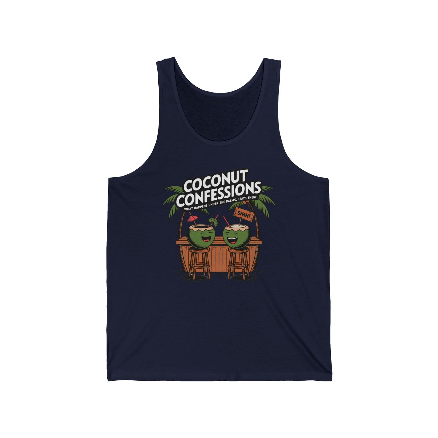 The Fun Coconut Confessions Unisex Jersey Tank features two cartoon coconuts at a tiki bar under palm trees with playful speech bubbles. Lightweight and comfy—ideal for summer parties and beach vacations.