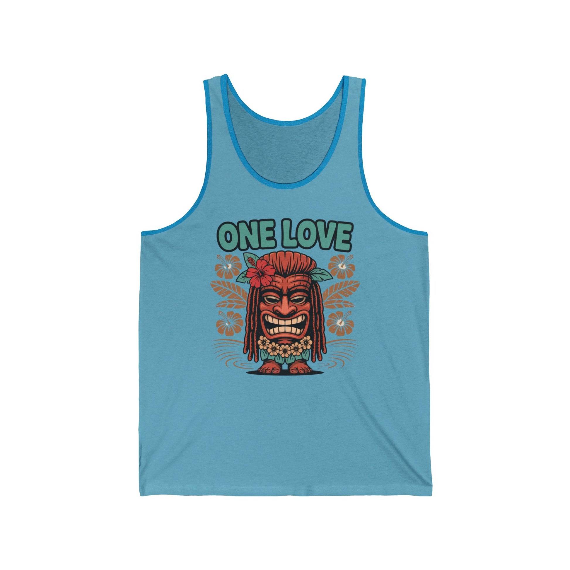 The One Love Unisex Jersey Tiki Tank Top features a smiling tiki face with a red flower, floral patterns, and bold ONE LOVE text—a perfect summer vibe shirt for festivals and casual wear.