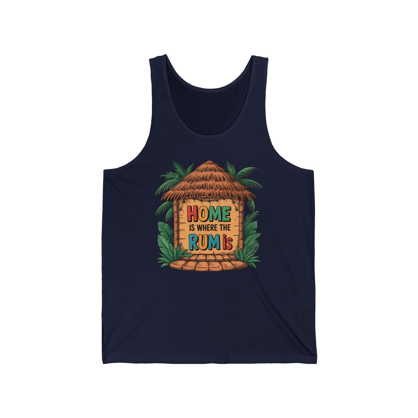 The Home is Where the Rum Is Unisex Jersey Tiki Tank Top features a vibrant tropical tiki hut and palm leaves print with colorful summer vibes—perfect for showing off your love of fun in the sun.