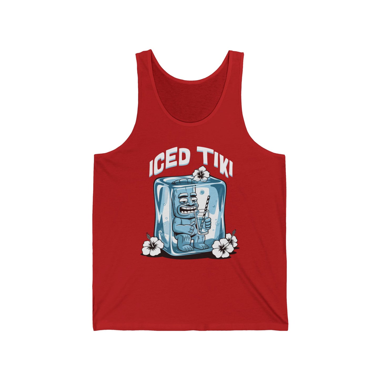 Add a playful vibe to your summer look with the Iced Tiki Unisex Jersey Tiki Tank Top, featuring a cartoon blue tiki in an ice cube, tropical flowers, and bold ICED TIKI text—perfect for summer parties and beach lovers!.