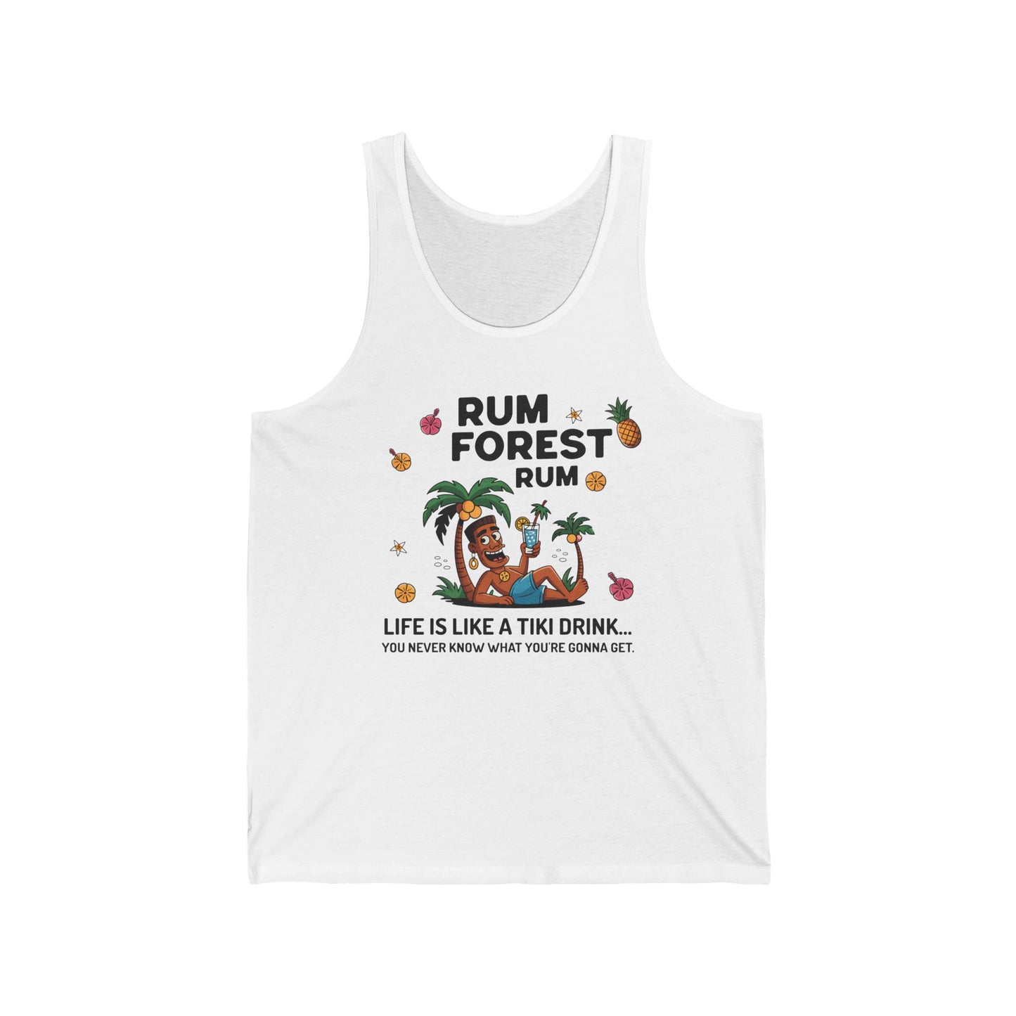 Stay cool in the Rum Forest Jersey Tiki Tank Top—Life is Like a Tiki Drink, featuring lightweight fabric and a playful cartoon relaxing in a coconut under palm trees with fun fruit graphics and RUM FOREST RUM text. Embrace island vibes!.