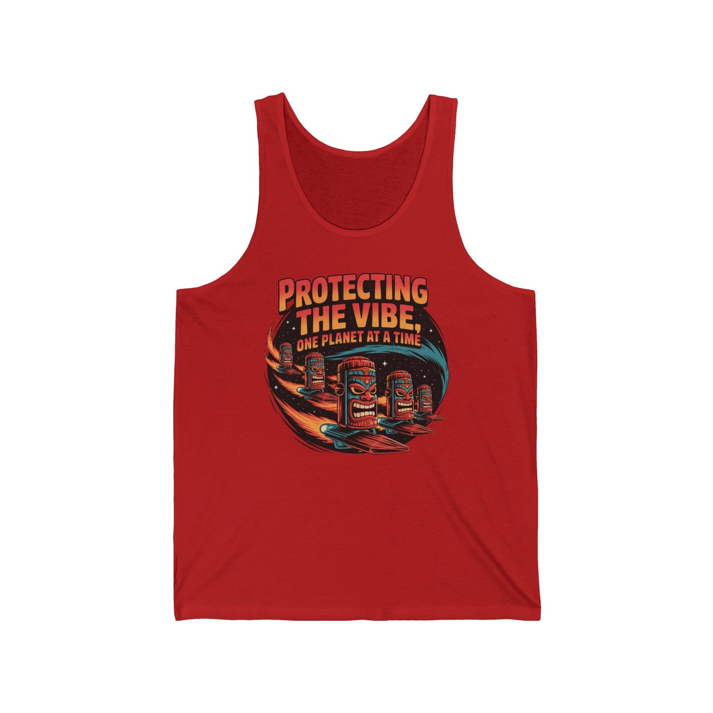 The Protecting The Vibe Unisex Jersey Tiki Tank Top is an ultra-soft, eco-friendly tank featuring vibrant tiki statues, waves, and bold PROTECTING THE VIBE, ONE PLANET AT A TIME text—perfect for summer.