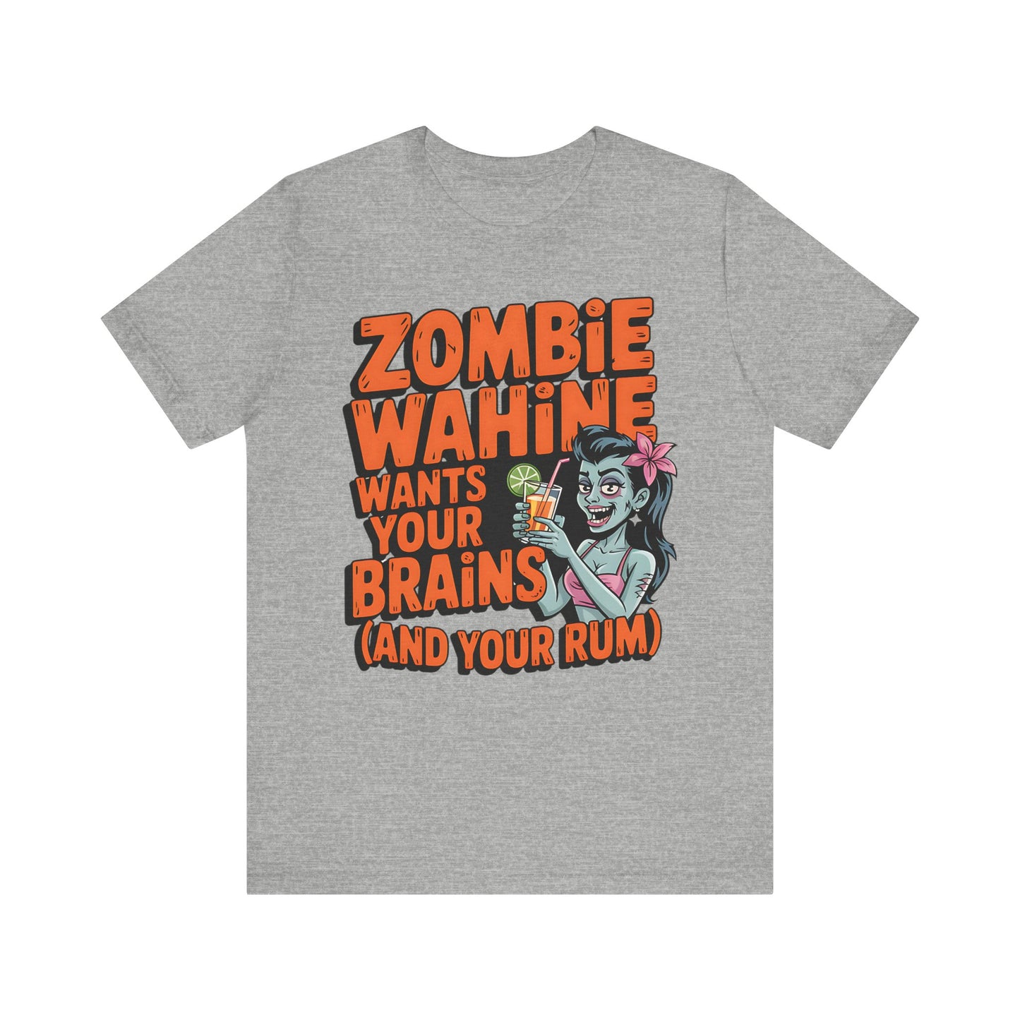 Gray t-shirt with a zombie-themed graphic and text on a white background