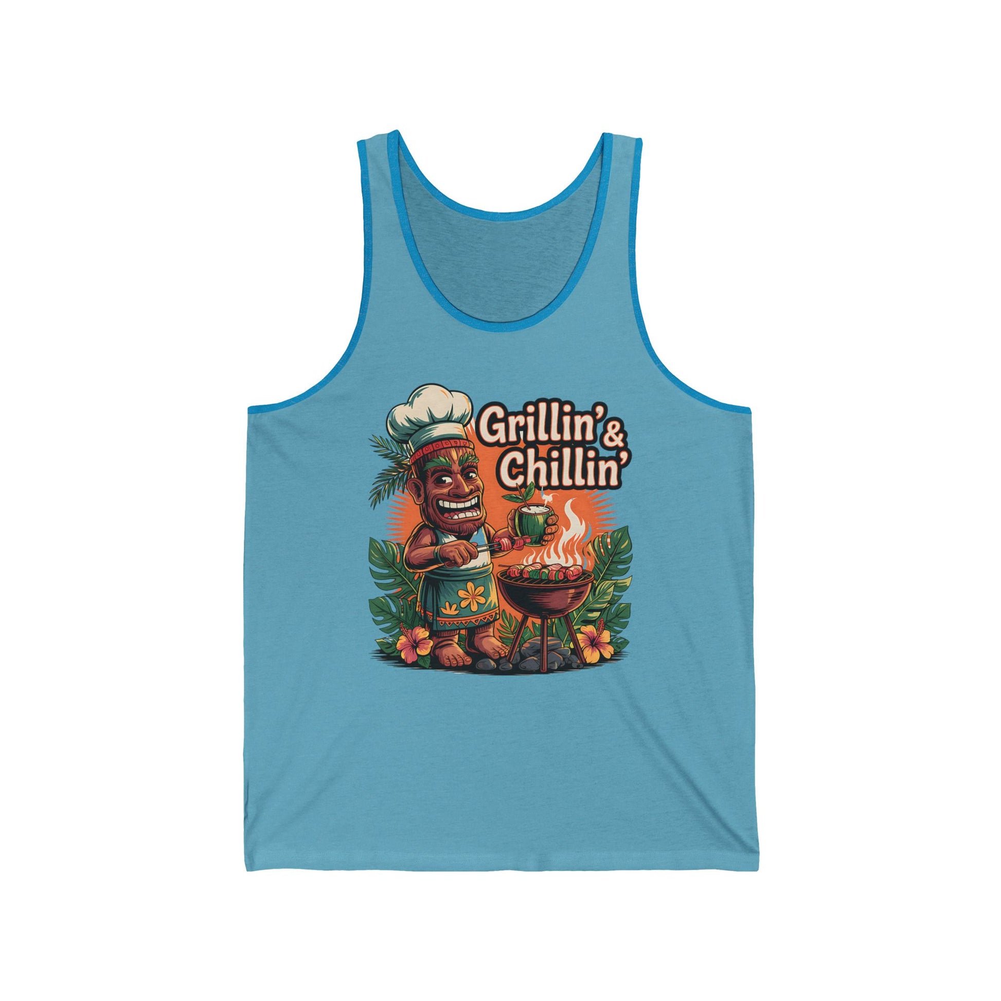 Upgrade your summer style with the Grillin & Chillin Unisex Jersey Tiki Tank Top—perfect for BBQs! Features a light blue color, vibrant cartoon tiki chef grilling, tropical leaves and flowers, and “Grillin’ & Chillin’” text.