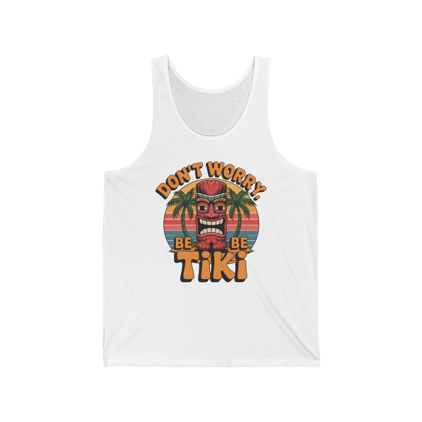 Tiki Vibe Tank Top in white showcases a vibrant tiki mask, palm trees, and sunset backdrop. Features bold “DONT WORRY, BE TIKI” text—ideal for expressing your love for beach culture and island vibes.