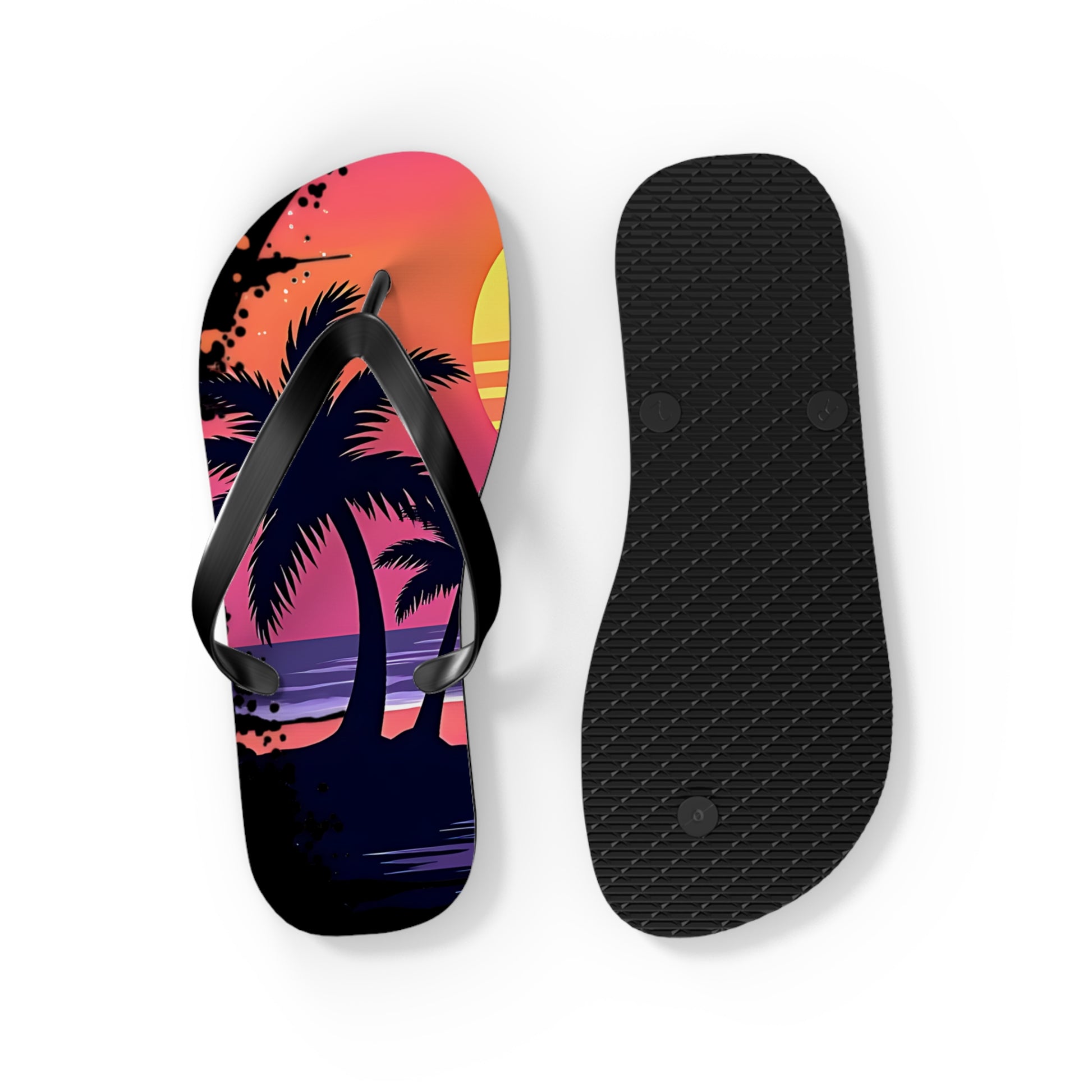 The Tropical Sunset Flip Flops - Beach Vibes Sandals for Summer Fun feature a palm tree sunset design on one sandal and a black textured sole on the other, both set against a crisp white background—ideal summer footwear.