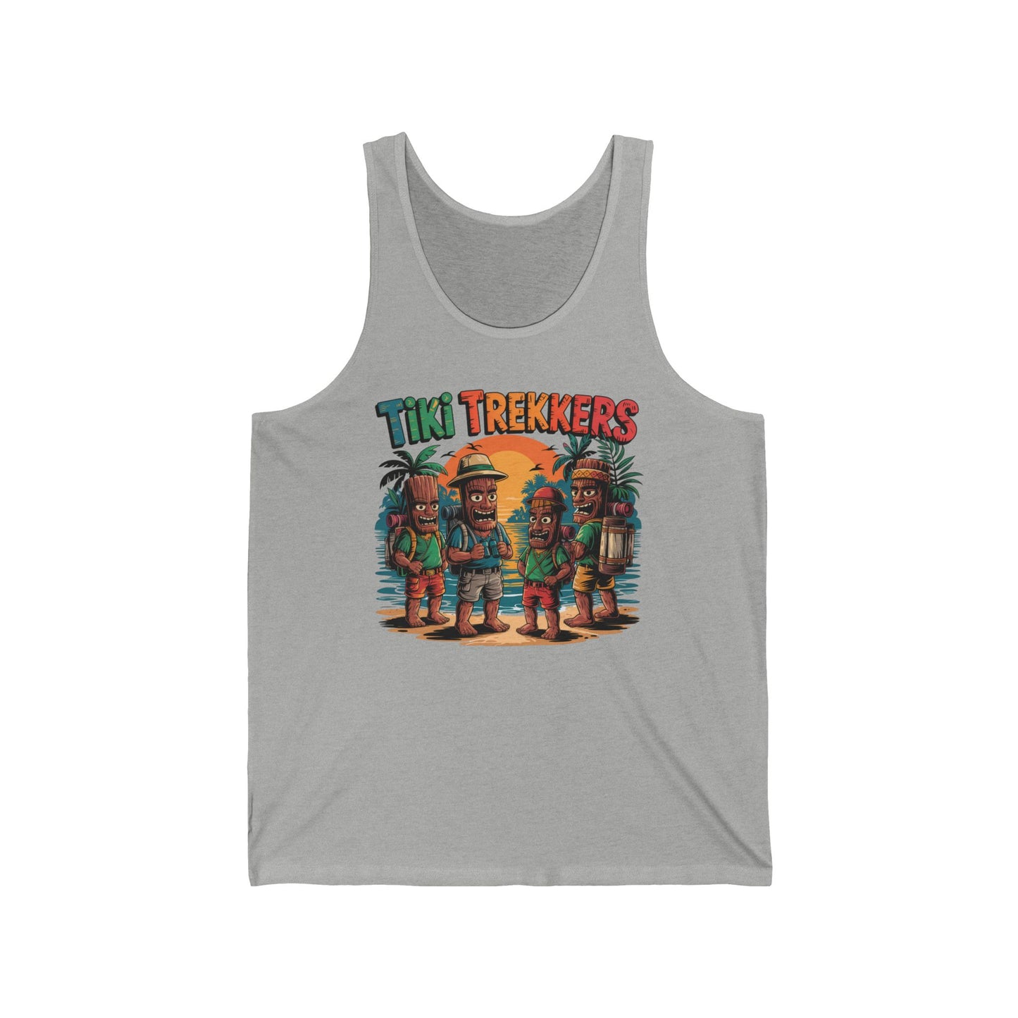The Tiki Trekkers Unisex Jersey Tank Top features four explorer tikis on sand with palms and a sunset, plus Tiki Trekkers above—ideal for beach days and summer adventures.