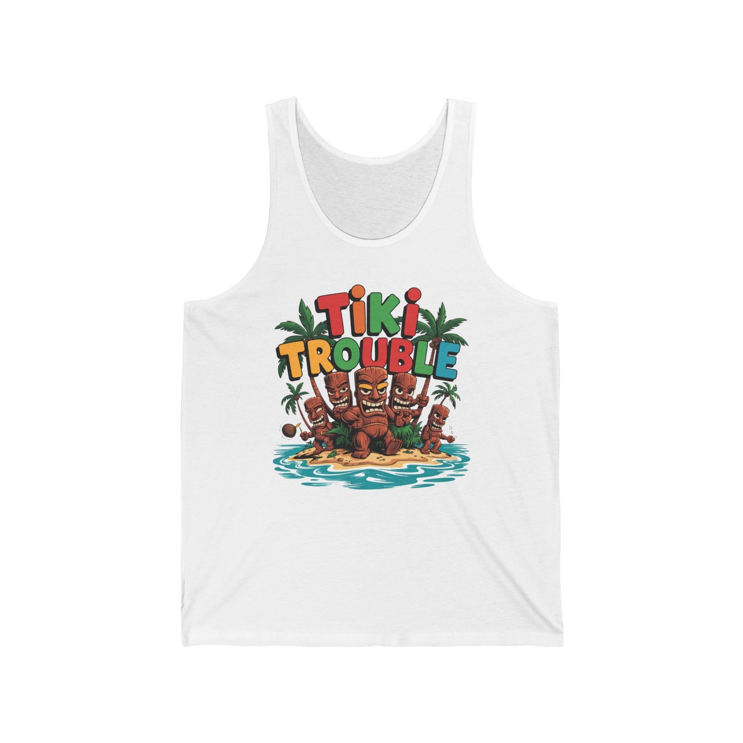 Tiki Trouble Unisex Jersey Tank Top—ideal for summer vibes and beach adventures—features three tiki statues, palm trees, water, and Tiki Trouble in bold, playful letters for the perfect tropical-themed look.