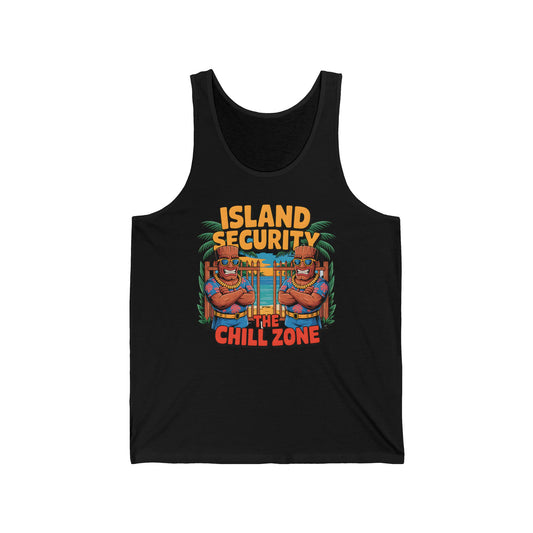 The Island Security Unisex Jersey Tiki Tank Top – Chill Zone Design for Summer Vibes is made from soft Airlume cotton and features two cats in sunglasses with palm trees plus the text “ISLAND SECURITY THE CHILL ZONE”—the ultimate summer attire!.
