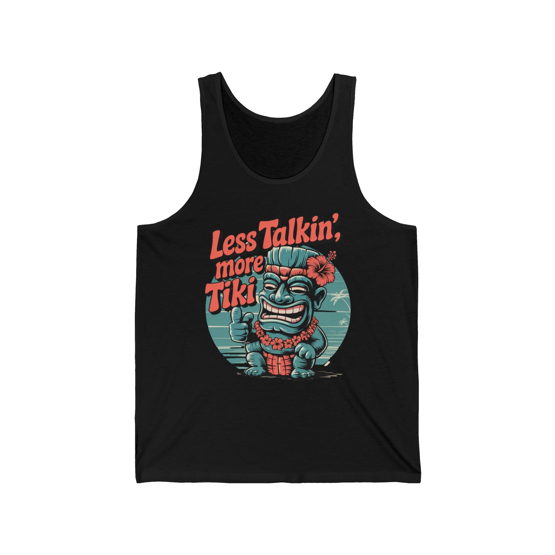 The Less Talkin, More Tiki - Tiki Vibes Unisex Jersey Tank features a cartoon blue tiki with red lei, smiling and throwing a shaka under the text Less Talkin, more Tiki. Made from ultra-soft cotton for ultimate comfort and tropical style.