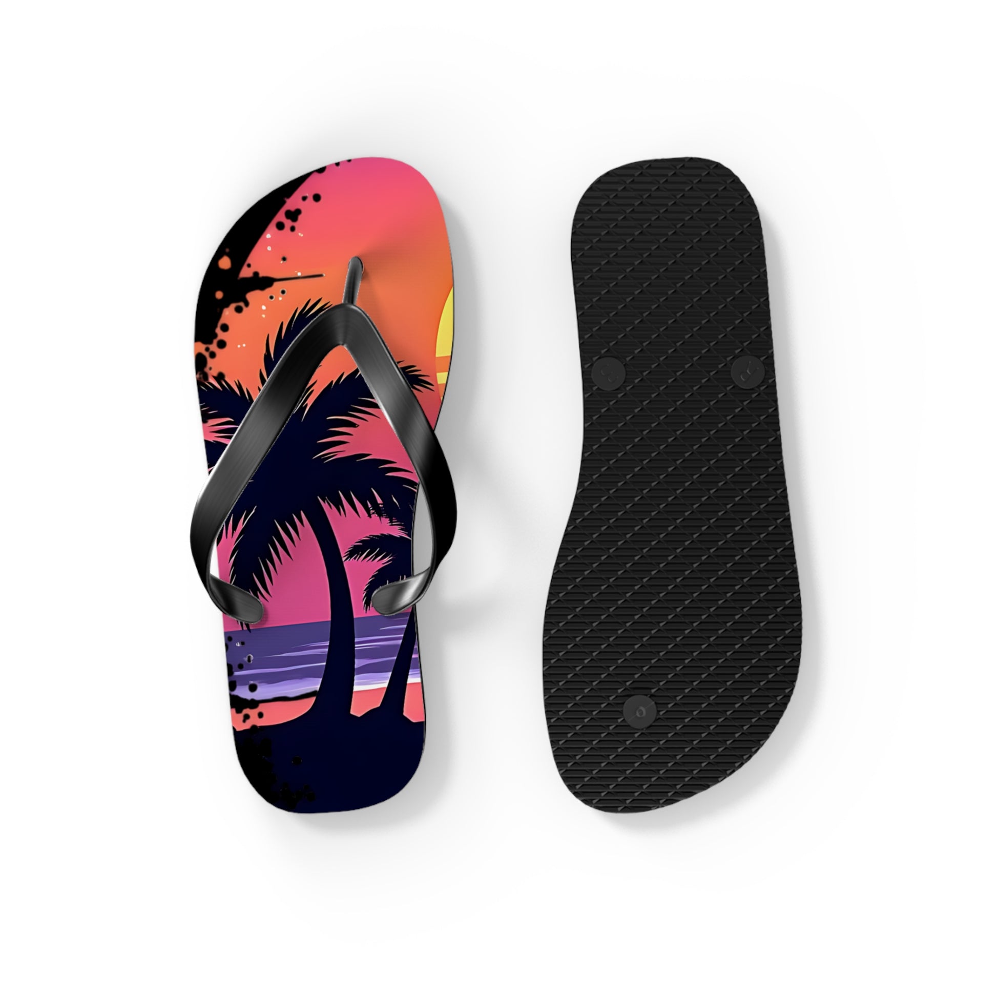 Tropical Sunset Flip Flops - Beach Vibes Sandals for Summer Fun feature a vibrant beach scene in pink, orange, and purple on one sandal and a plain black textured sole on the other—ideal for beach trips and summer outings.