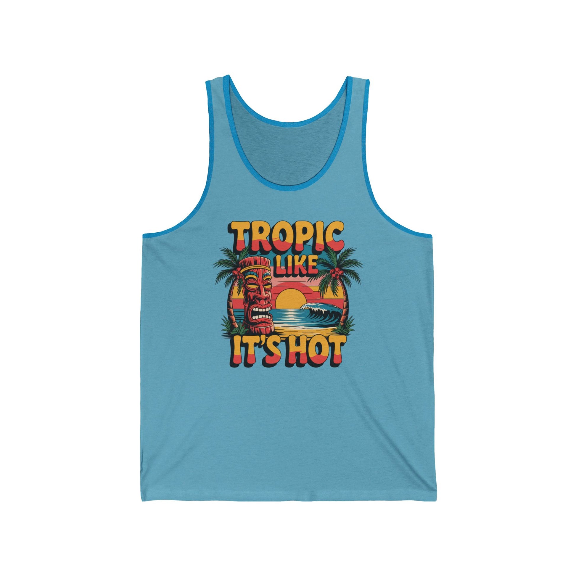 The Tropic Like Its Hot Tank Top - Summer Vacation Essential features a light blue design with a colorful sunset, palm trees, tiki mask, and bold retro Tropic Like Its Hot text—perfect for capturing that tropical vibe.