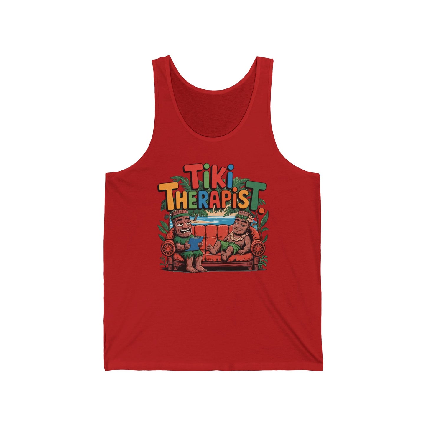 The Tiki Therapist Unisex Jersey Tiki Tank Top - Fun Summer Vibes features a vibrant print of two tiki figures on a couch with Tiki Therapist above, crafted from a high-quality cotton blend in bold red.