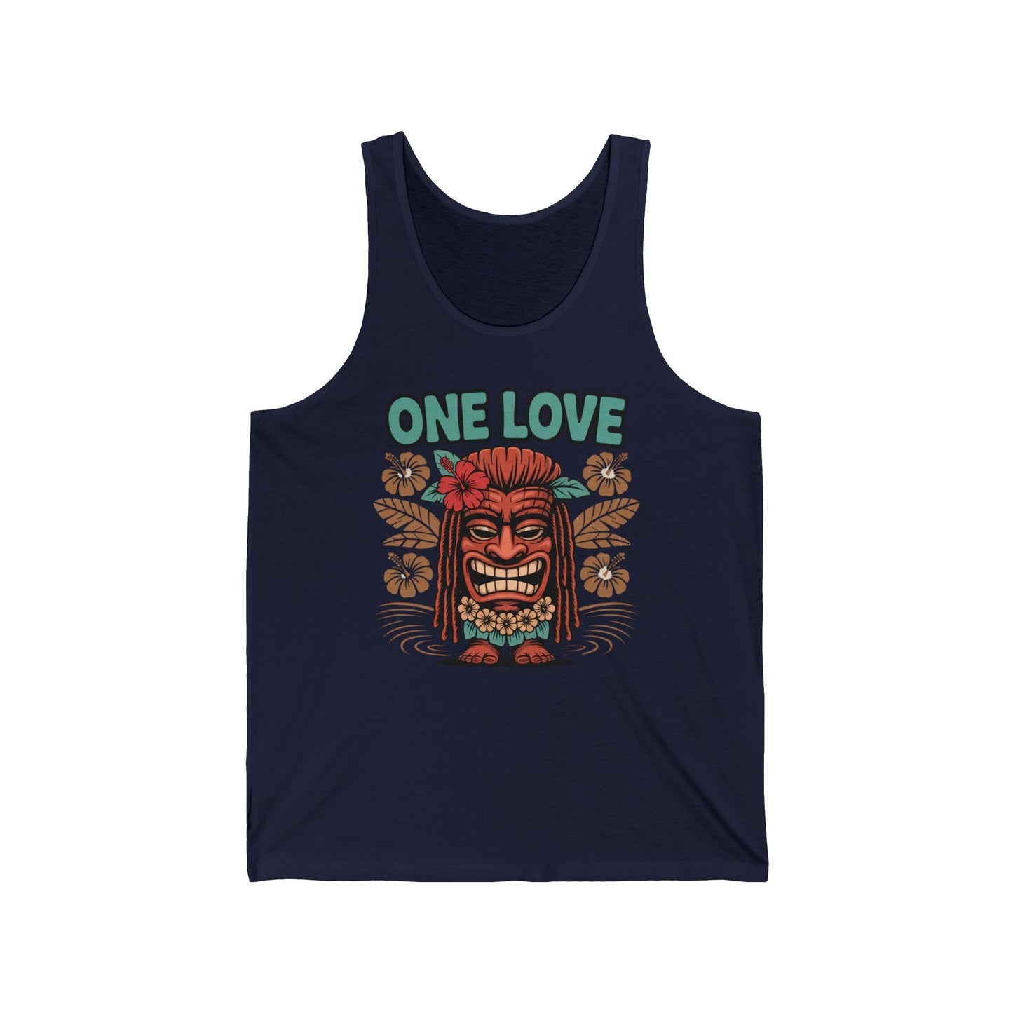 Add summer vibes to your wardrobe with the One Love Unisex Jersey Tiki Tank Top, featuring a vibrant tiki face, flower crown, hibiscus accents, and bold ONE LOVE lettering—perfect for festivals and casual wear.
