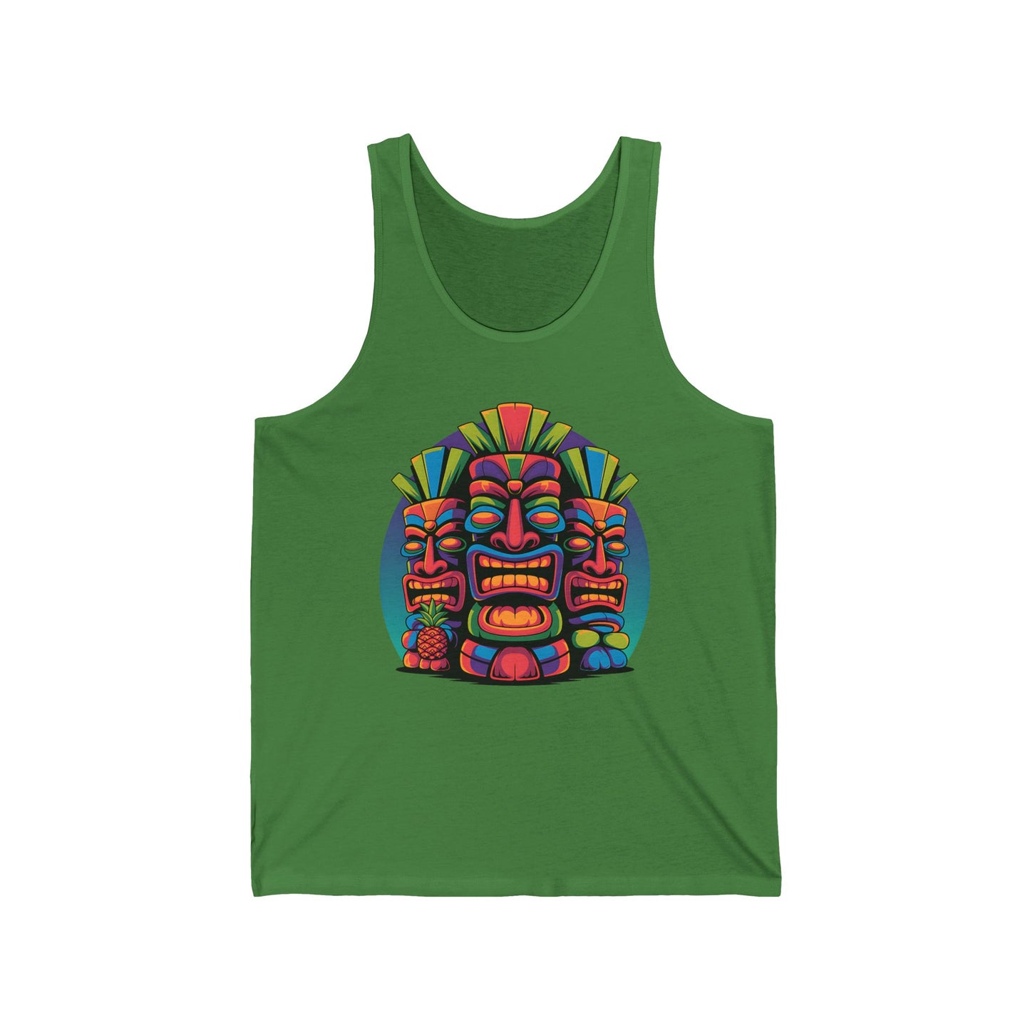 The Tropical Tiki Unisex Jersey Tiki Tank Top for Summer Vibes features three colorful tiki masks with bold outlines and decorative headpieces, making it perfect for beach outings and summer festivals.