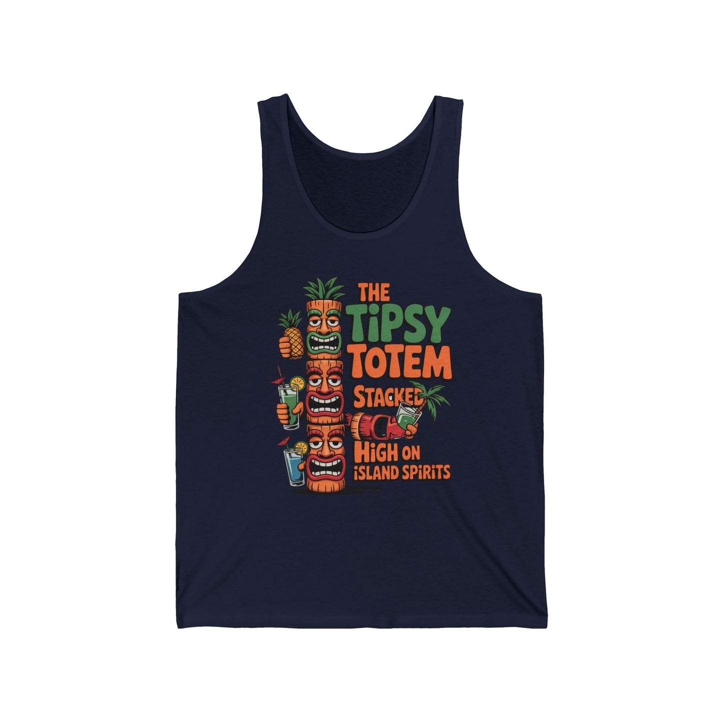 The Tipsy Totem Unisex Jersey Tiki Tank Top - High on Island Spirits features three playful, cartoon tiki totems with drinks among tropical leaves, plus vibrant text: The Tipsy Totem Stacked High on Island Spirits for true island vibes.