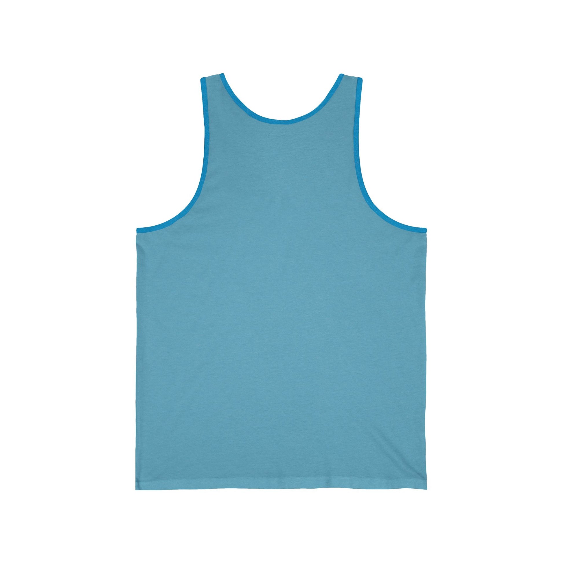 The Beach Vibes Unisex Jersey Tiki Tank Top - Dont Worry Beach Happy features a plain light blue design with blue trim, shown from the back on a white background. Made from lightweight fabric, it’s ideal for summer adventures.