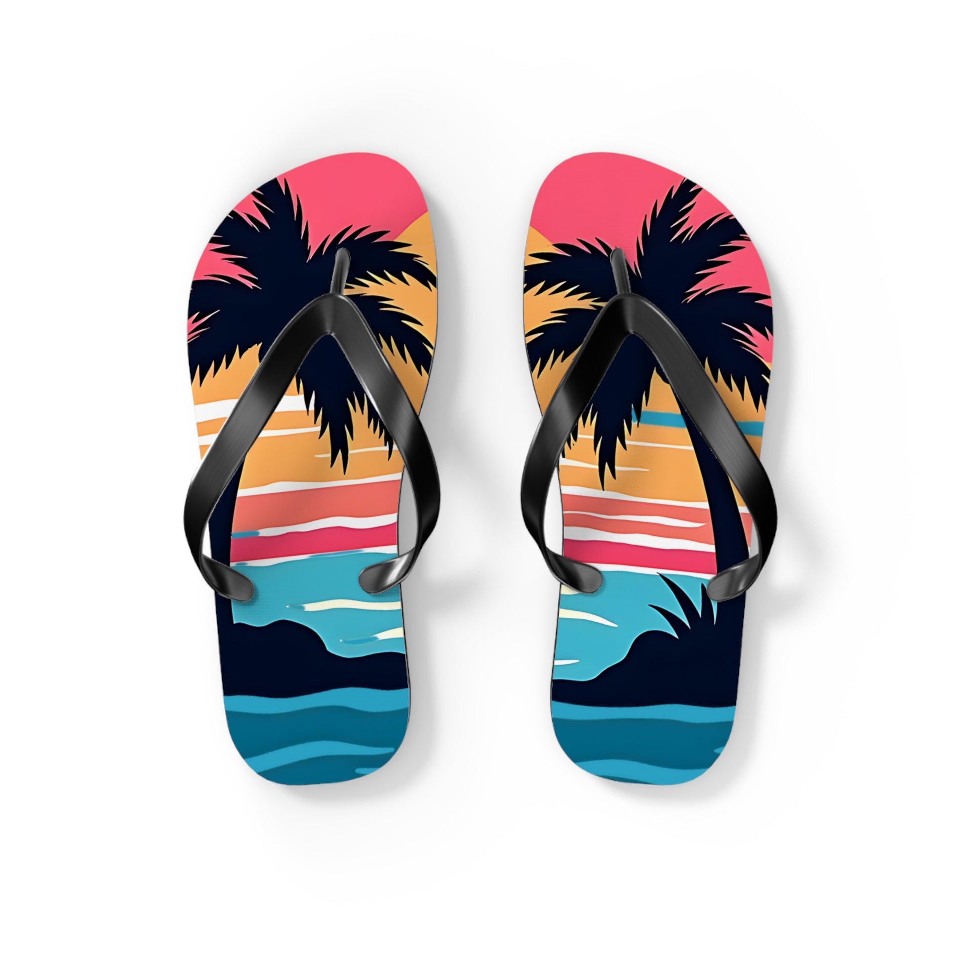 Tropical Sunset Flip Flops | Beach Vibes Sandals feature a vibrant beach scene with palm trees, colorful sunset gradients, blue waves, and black straps—perfect for summer outfits and beach lovers.