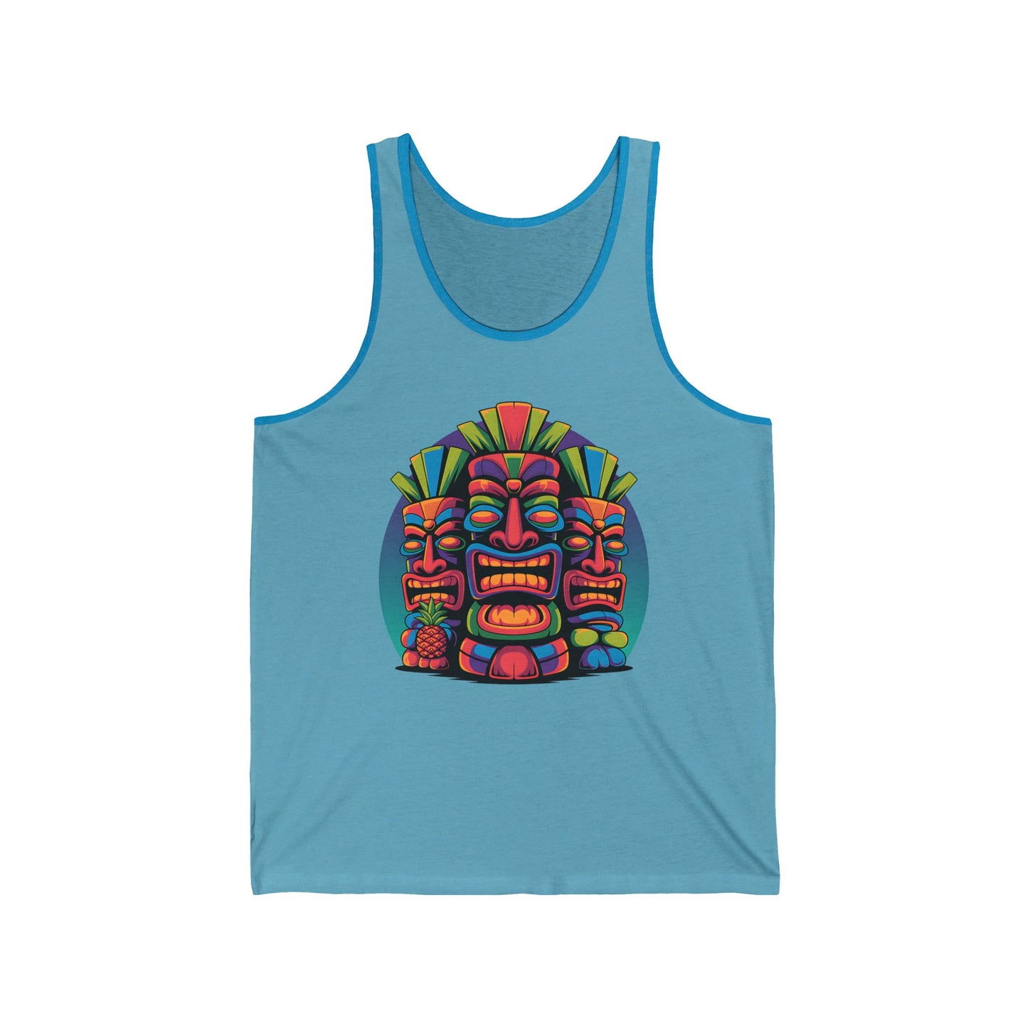 The Tropical Tiki Unisex Jersey Tiki Tank Top for Summer Vibes features three vibrant tiki masks with geometric patterns—perfect for festivals or beach days.