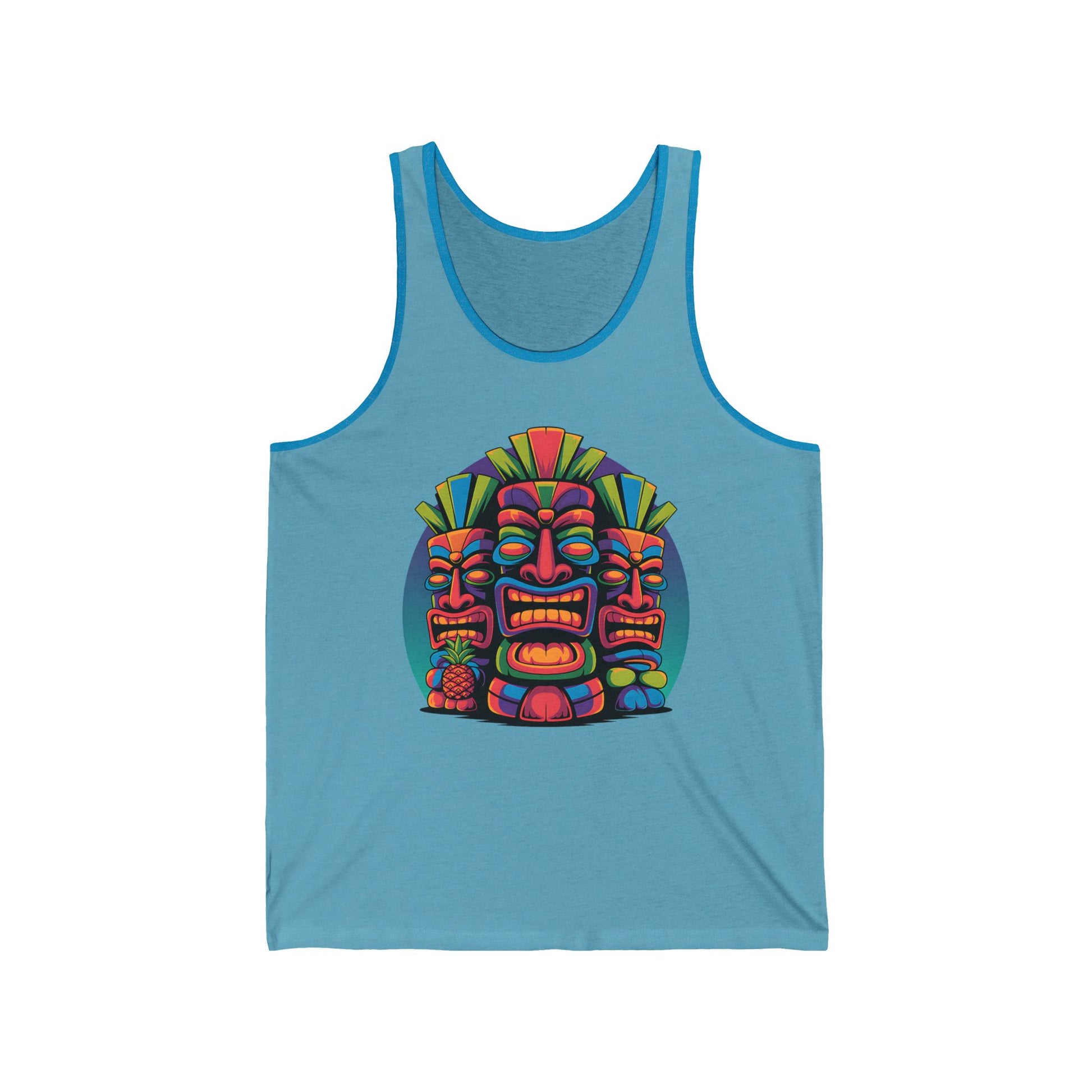 The Tropical Tiki Unisex Jersey Tiki Tank Top for Summer Vibes features three vibrant tiki masks with geometric patterns—perfect for festivals or beach days.
