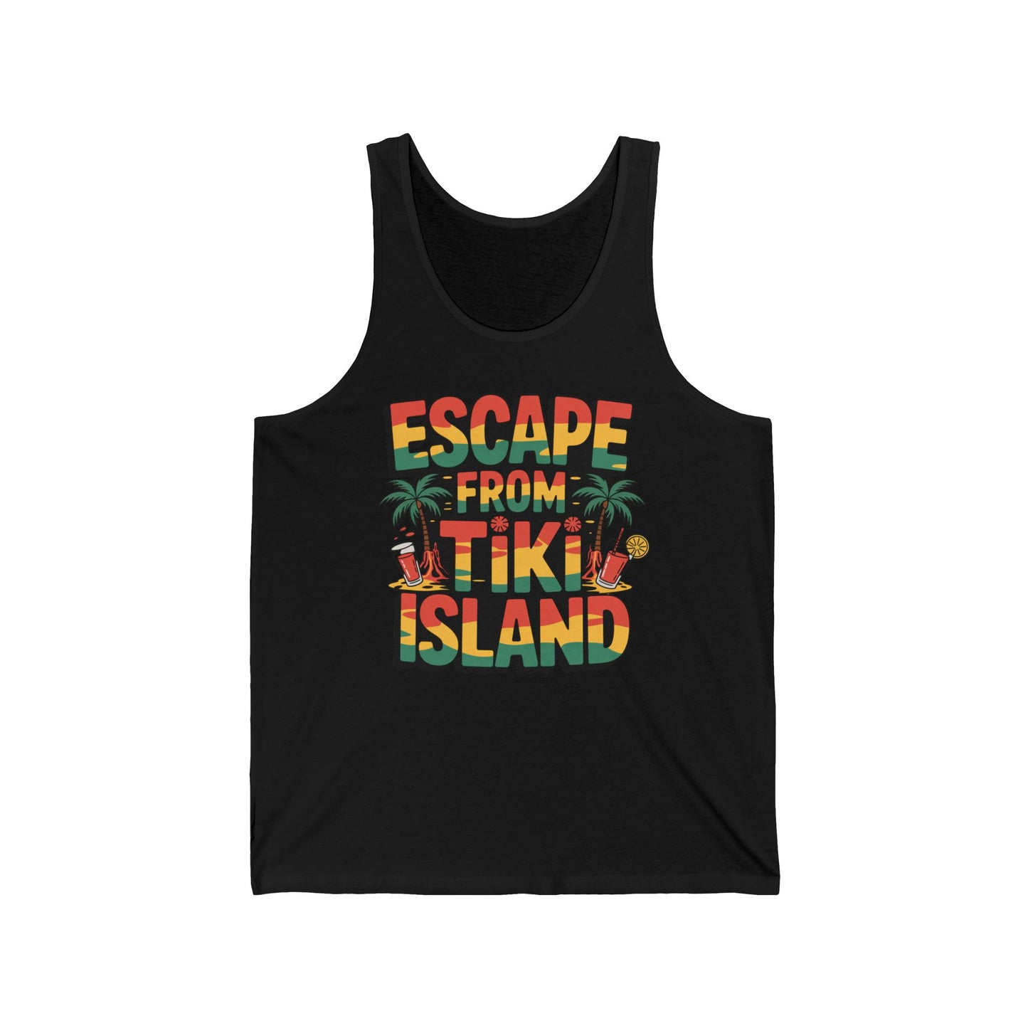 The Escape from Tiki Island Unisex Jersey Tiki Tank Top features vibrant “ESCAPE FROM TIKI ISLAND” text with tropical icons—palm trees, cocktail glasses, and a pineapple—ideal for summer vibes and beach days.