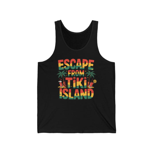 The Escape from Tiki Island Unisex Jersey Tiki Tank Top features vibrant “ESCAPE FROM TIKI ISLAND” text with tropical icons—palm trees, cocktail glasses, and a pineapple—ideal for summer vibes and beach days.