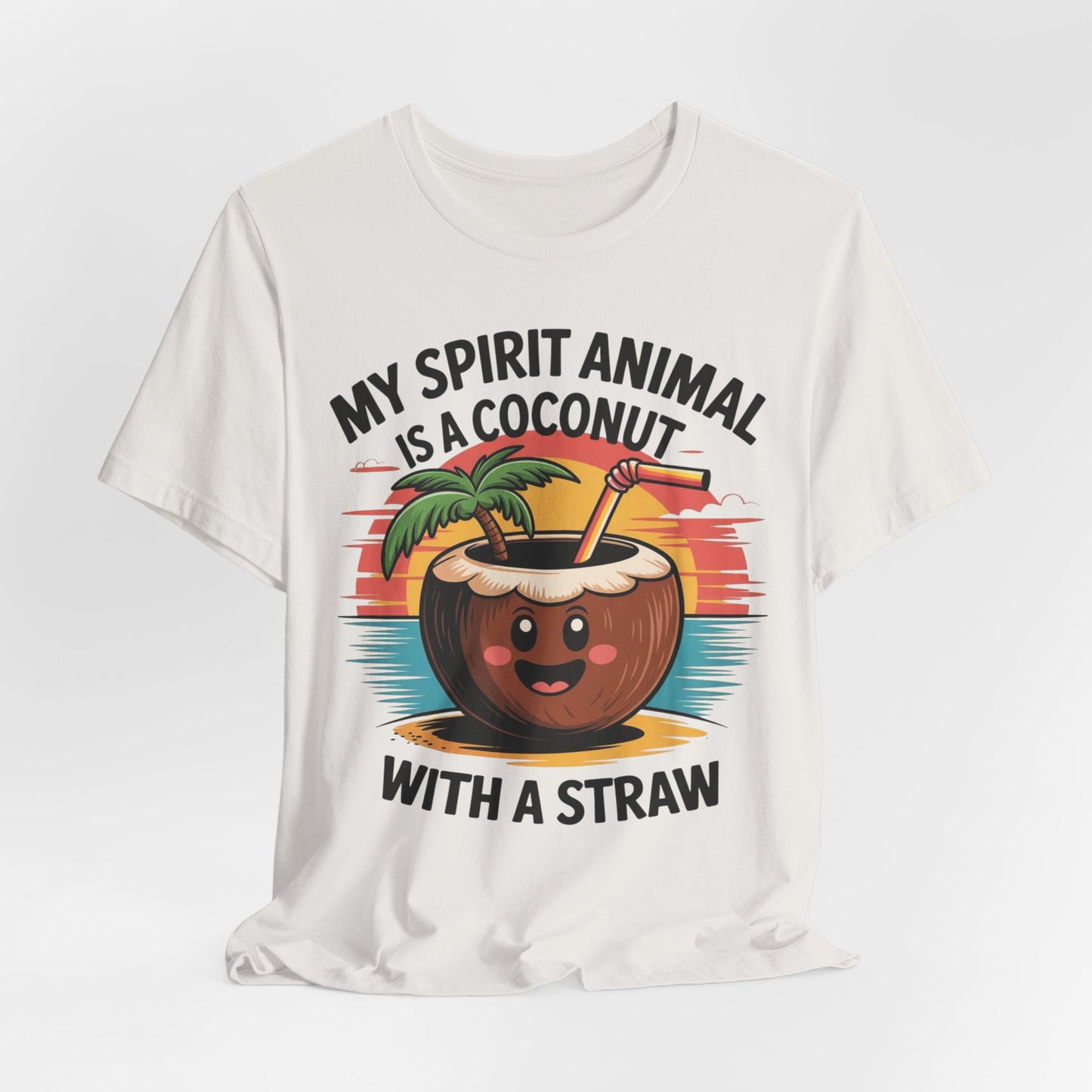 The My Spirit Animal Coconut Tiki T-Shirt is a fun unisex jersey shirt with a happy cartoon coconut drink, palm leaves, and umbrella on a sunset background—ideal for anyone whose spirit animal brings tropical vibes.