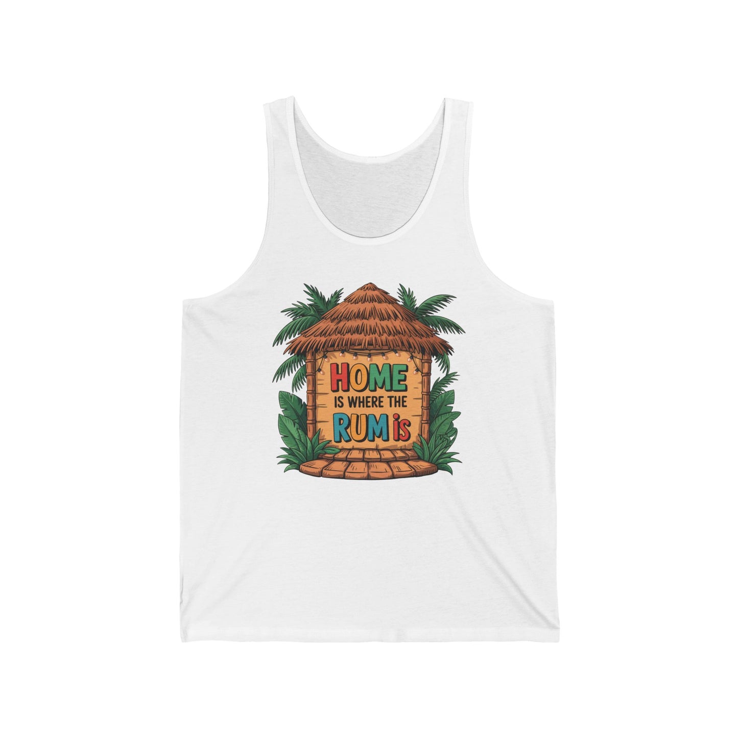 The Home is Where the Rum Is Unisex Jersey Tiki Tank Top features a vibrant tropical hut with palm trees—perfect for summer vibes. Colorful text reads, Home is where the rum is.
