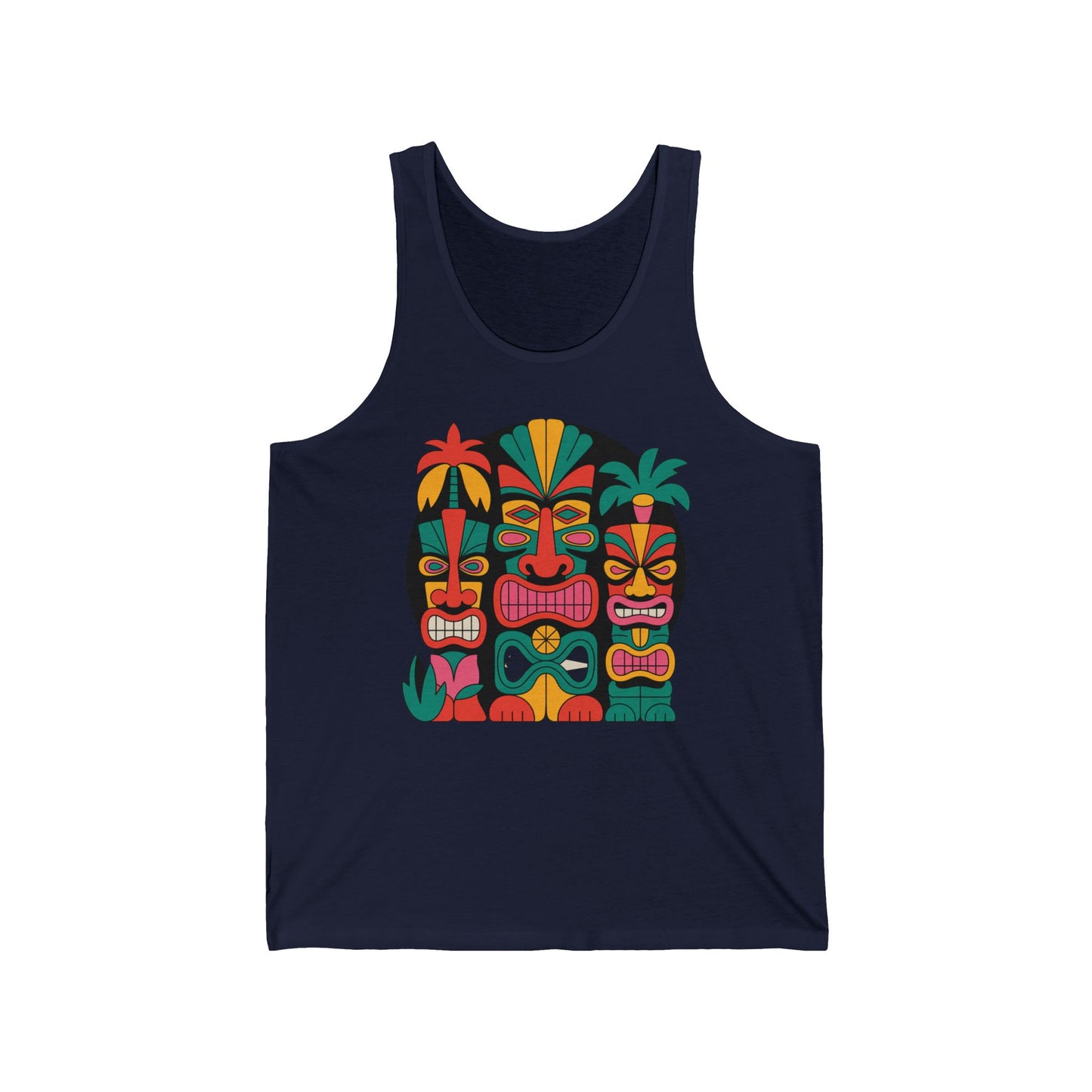 The Tiki Faces Unisex Jersey Tiki Tank Top showcases three colorful tiki masks with tropical leaves—ideal for summer vibes, beachwear, or as a stylish gift.