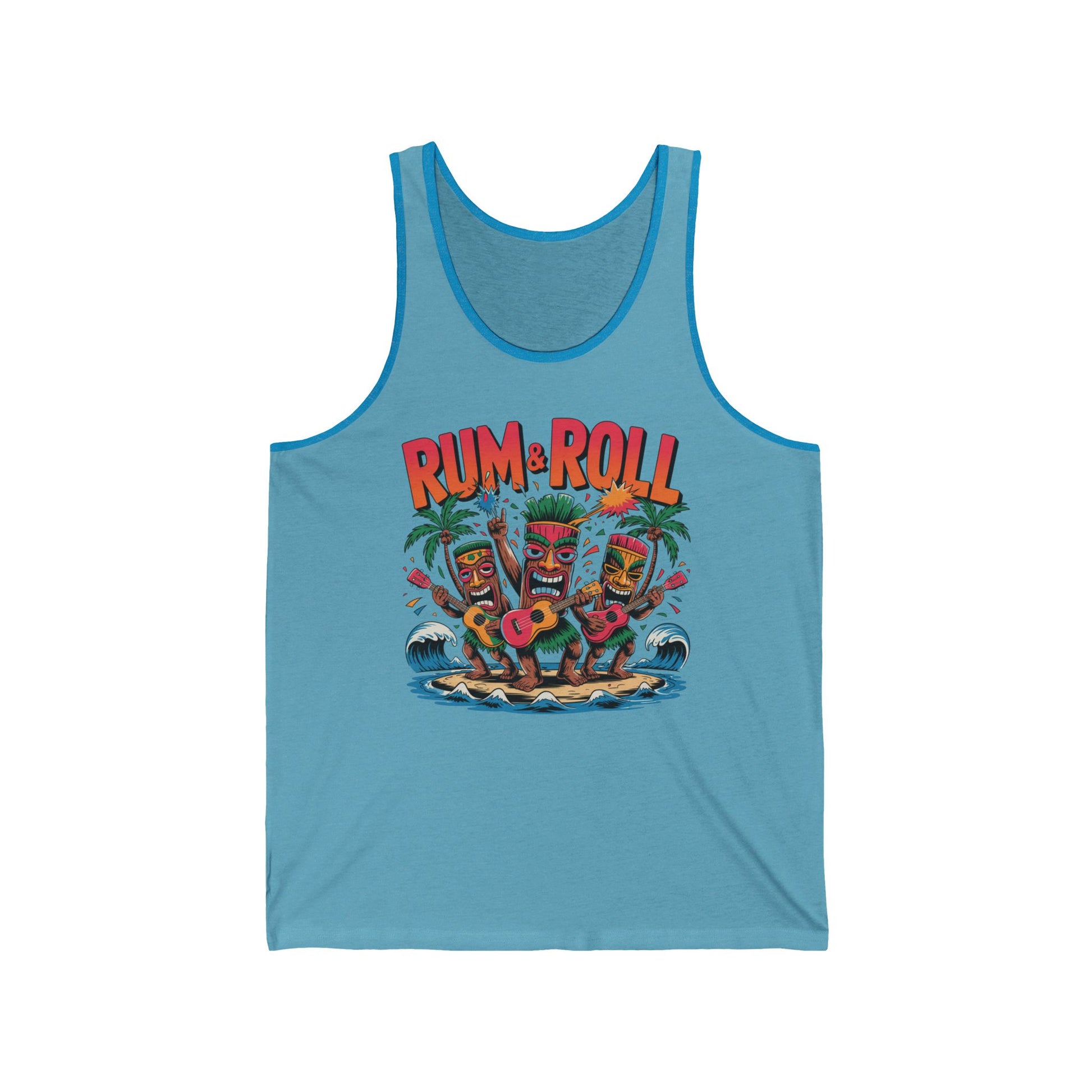 The Tropical Rum & Roll Unisex Jersey Tiki Tank Top is perfect for summer parties and beach days, featuring colorful tiki characters with instruments, palm trees, tropical accents, and bold RUM & ROLL text.