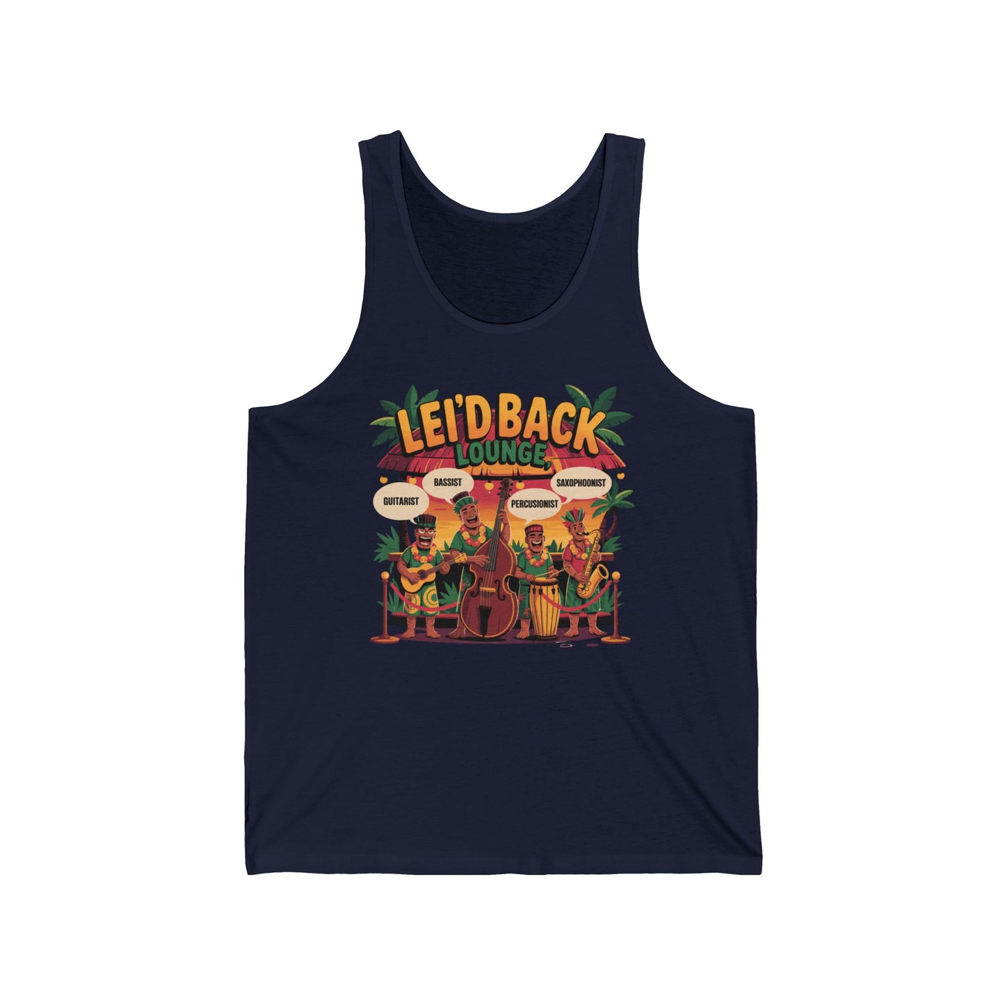 Stay cool this summer in the Leid Back Lounge Unisex Jersey Tiki Tank Top—a tropical, relaxed fit tee featuring a vibrant musician scene under palm trees. Perfect for laid-back vibes and breathable comfort all season long.