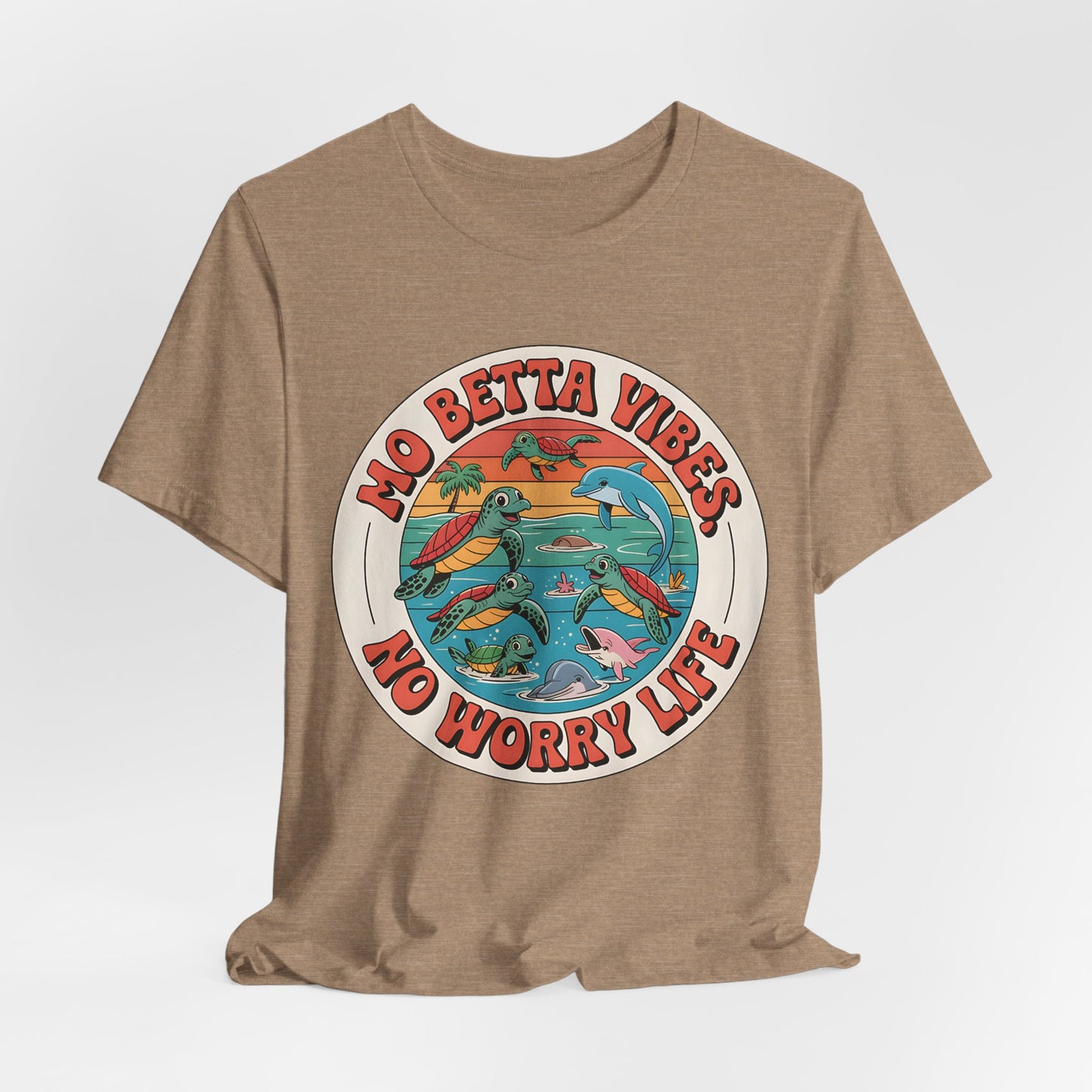 The Mo Betta Vibes Unisex Jersey T-Shirt is a relaxed fit summer graphic shirt featuring sea turtles, dolphins, and waves with the message “MO BETTA VIBES, NO WORRY LIFE”—an uplifting addition to your casual wardrobe.