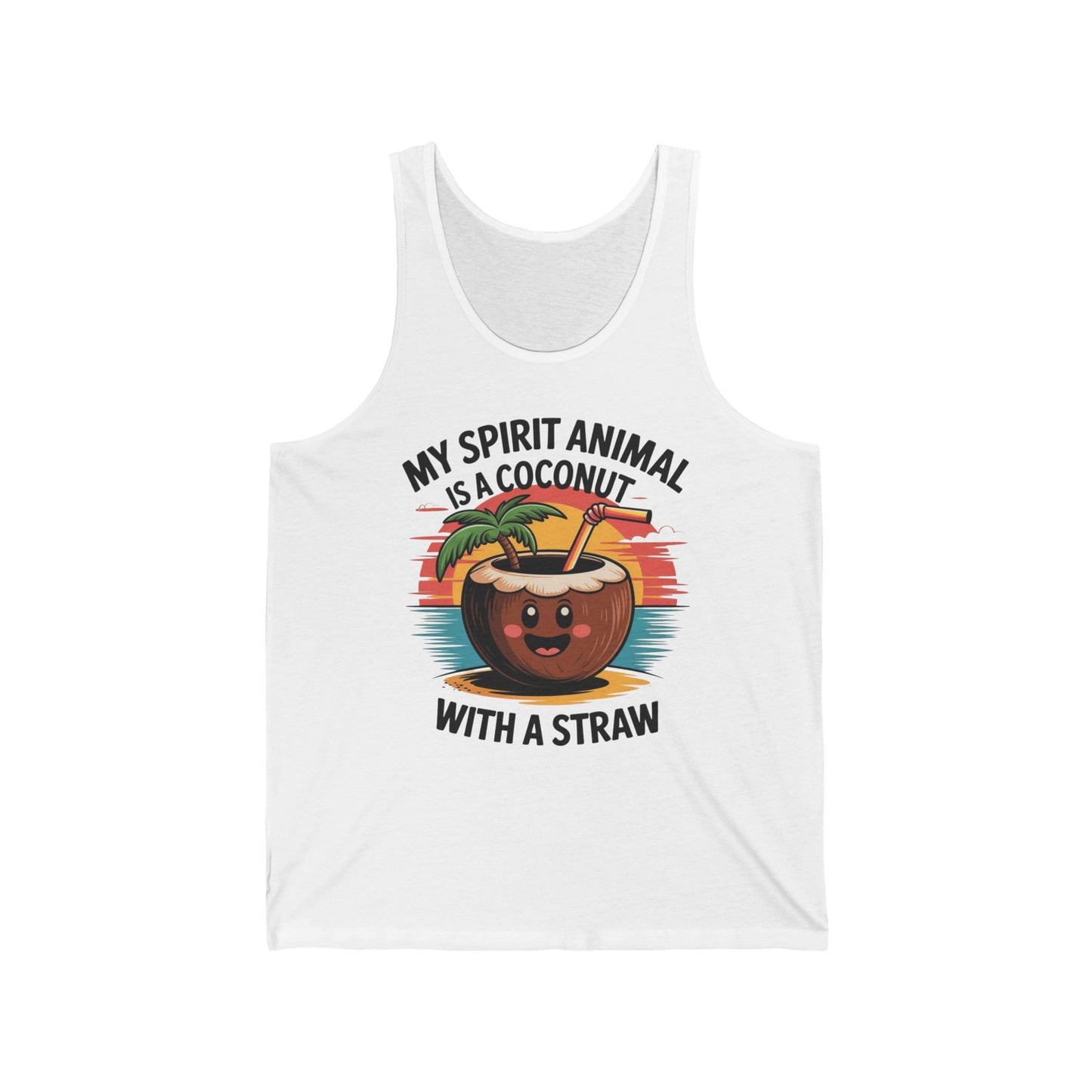 Make a statement in the My Spirit Animal Coconut Unisex Jersey Tank – Fun Summer Vibes. Featuring a smiling coconut drink with straw and palm leaves at sunset, it reads: My spirit animal is a coconut with a straw. Perfect for summer!.