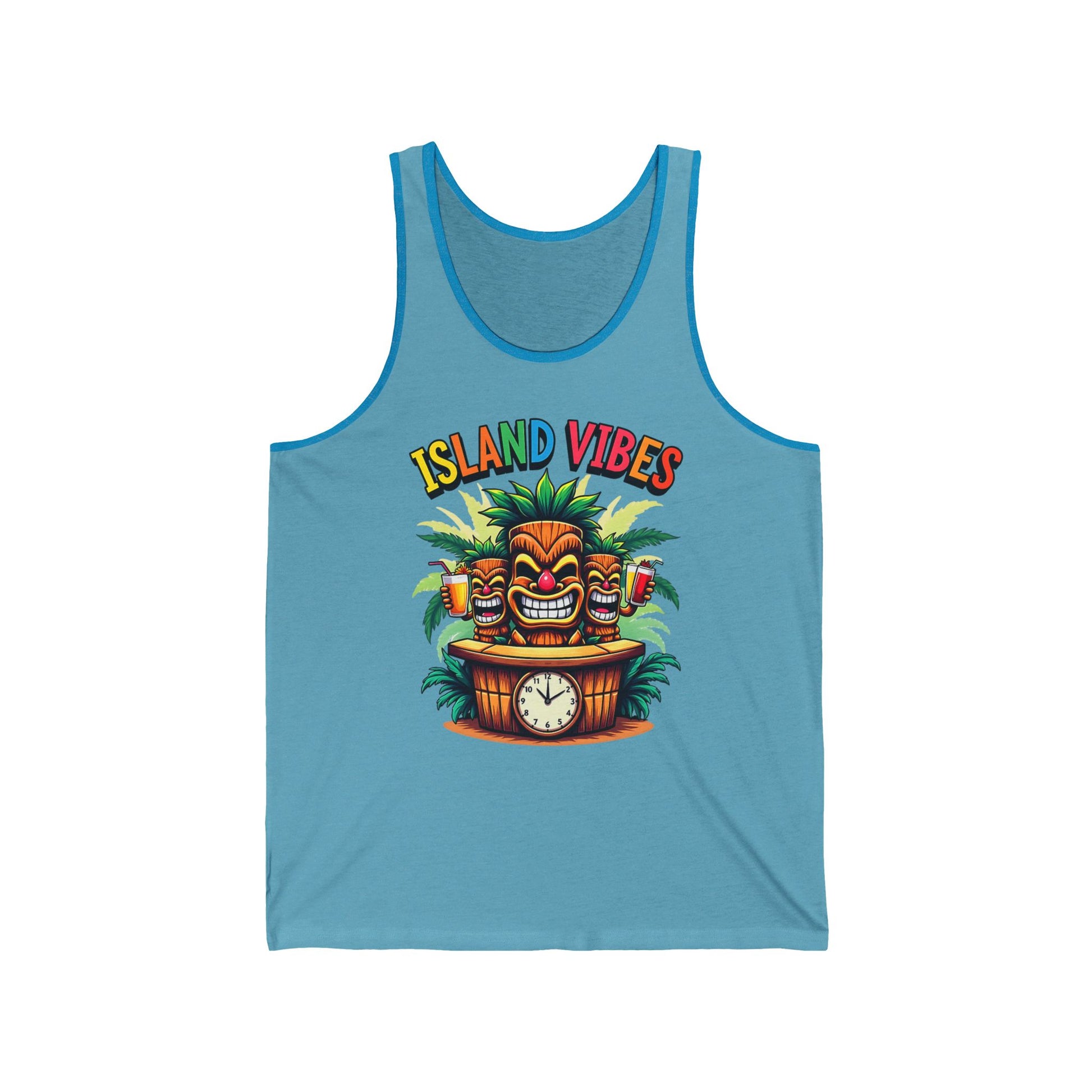 Island Vibes Unisex Jersey Tiki Tank Top featuring tiki masks, palm leaves, cocktails, and a clock on a wooden bar—perfect for Summer Parties or relaxing Beach Days.