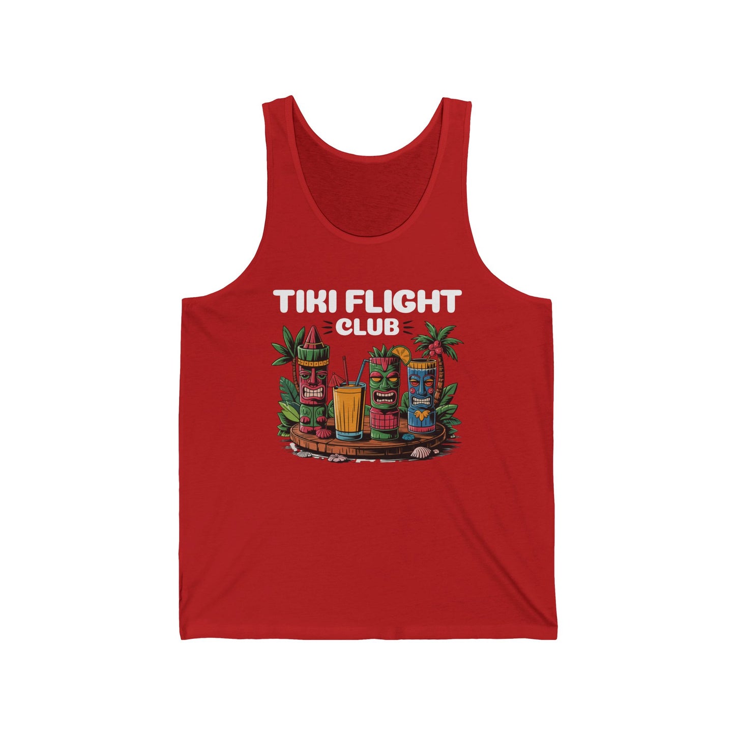 The Tiki Flight Club Unisex Jersey Tiki Tank Top is perfect for summer luau parties, featuring three colorful tiki mugs, a drink, and tropical leaves beneath Tiki Flight Club text—all in breathable material for a cool, island vibe.
