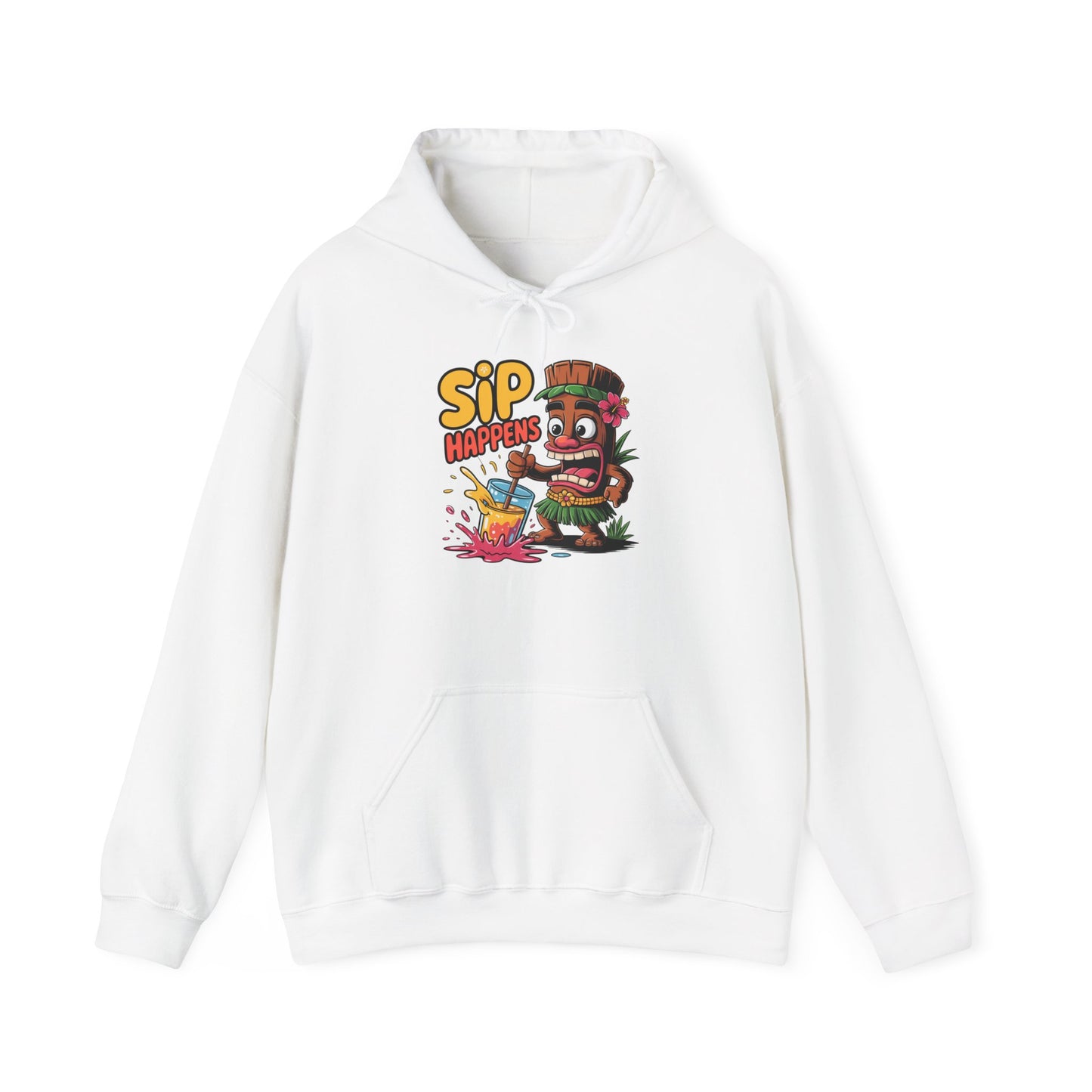 The Sip Happens Hooded Sweatshirt is a unisex Heavy Blend™ hoodie with colorful tiki cartoon graphics and “SIP HAPPENS” text, perfect for relaxed vibes, casual hangouts, or adding fun to your daily style.