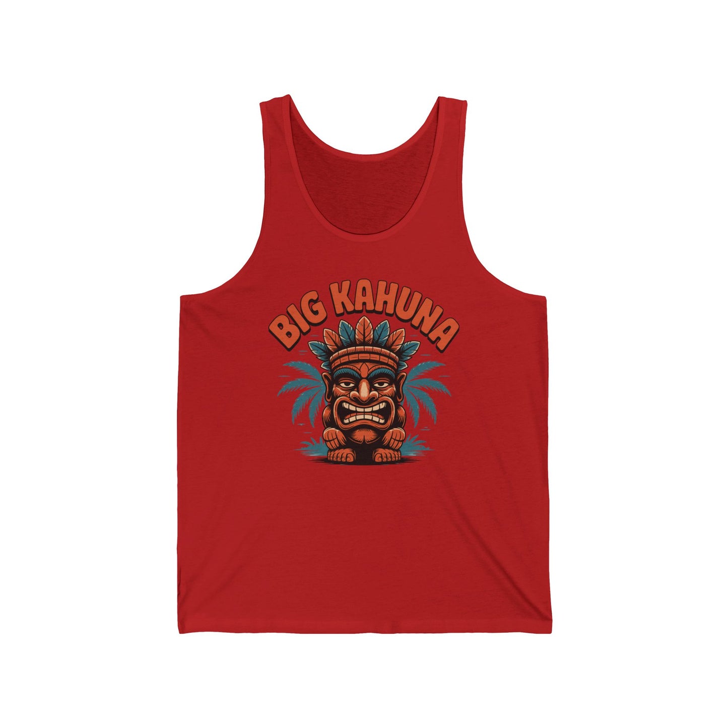 Elevate your summer look with the Big Kahuna Unisex Jersey Tiki Tank Top—red, featuring a tiki mask with feathered headdress, palm leaves, and bold yellow “BIG KAHUNA” text for tropical vibes and fun.